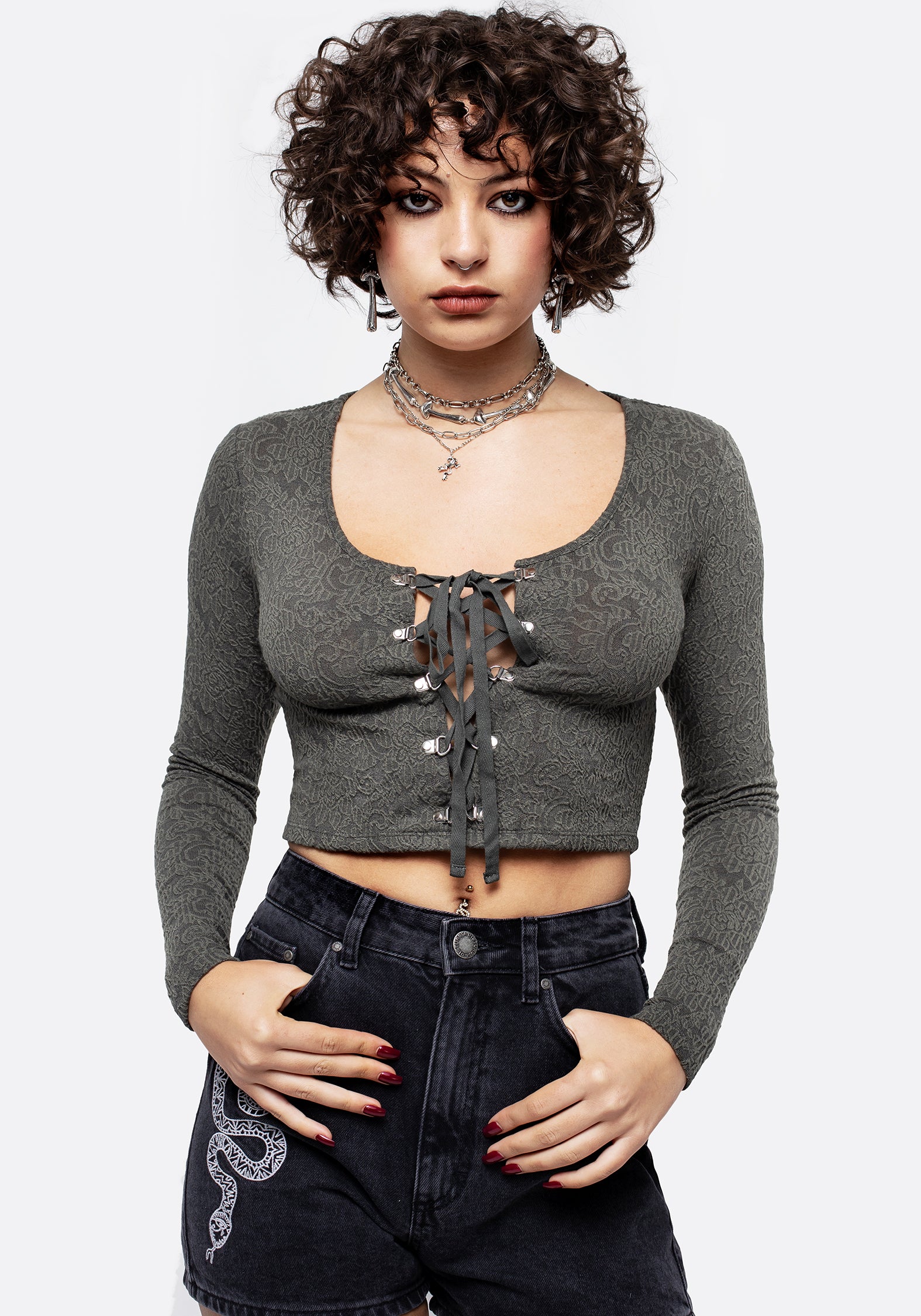 Laurel Lace Up Long Sleeve Crop Top Women's Fashion Blouse - Perfect for Date Night, Parties & Casual Outfits