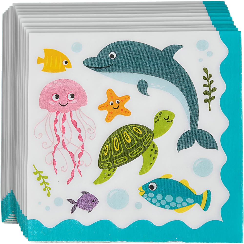 Fun Express Under The SEA Lunch Napkins - 16 Count Colorful Ocean Themed Paper Napkins for Kids Birthday Party, Baby Shower, VBS Vacation Bible School, Beach Theme Decorations
