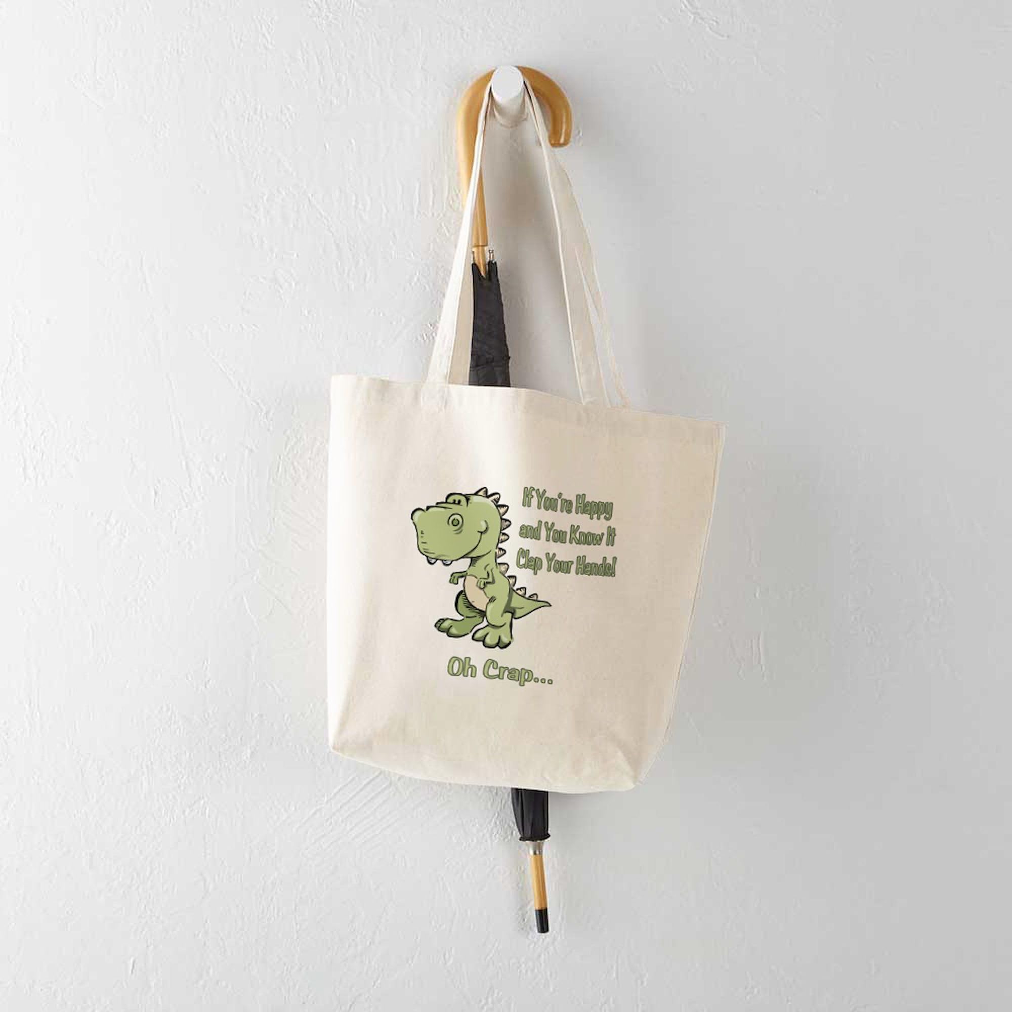 Happy Trex Tote Bag - Natural Canvas Reusable Shopping Bag for Groceries, Beach & Everyday Use | Eco-Friendly Cotton Tote with Dinosaur Design