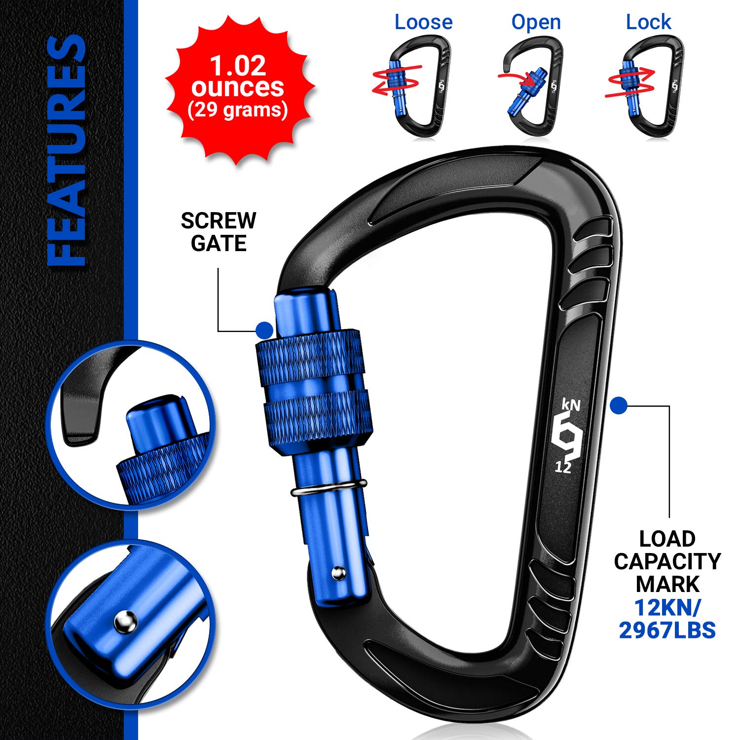 12kN Heavy Duty Lightweight Locking Carabiner Clips with Keyrings - Secure Pets, Hammocks, Dog Leashes & Outdoor Gear - Perfect for Camping, Hiking, Backpacking and Key Organization