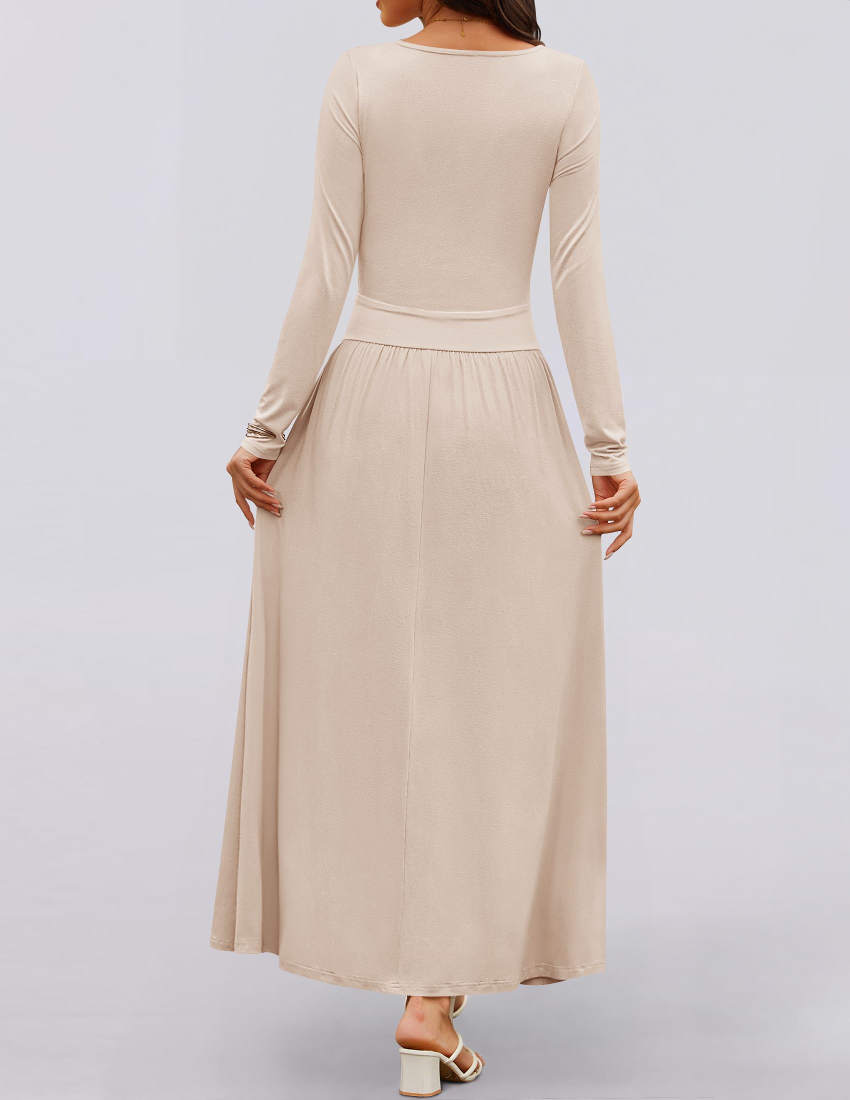 ZESICA Women's Long Sleeve Maxi Dress 2025 - Crewneck Knit Casual Slim Swing Pleated Dress with Pockets | Spring Summer Flowy Dress for Beach, Wedding & Everyday Wear
