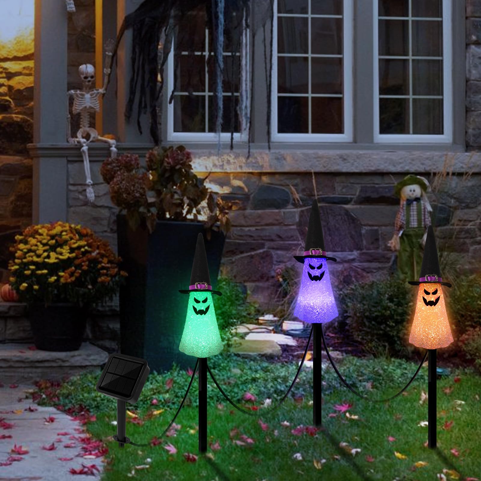 LIGHTSHINE 3PCS Solar-Powered Ghost Halloween Decorations - Orange Purple Green Pathway & Garden Stake Lights for Outdoor Yard, Patio, Porch | Spooky Halloween Party & Nighttime Landscape Lighting