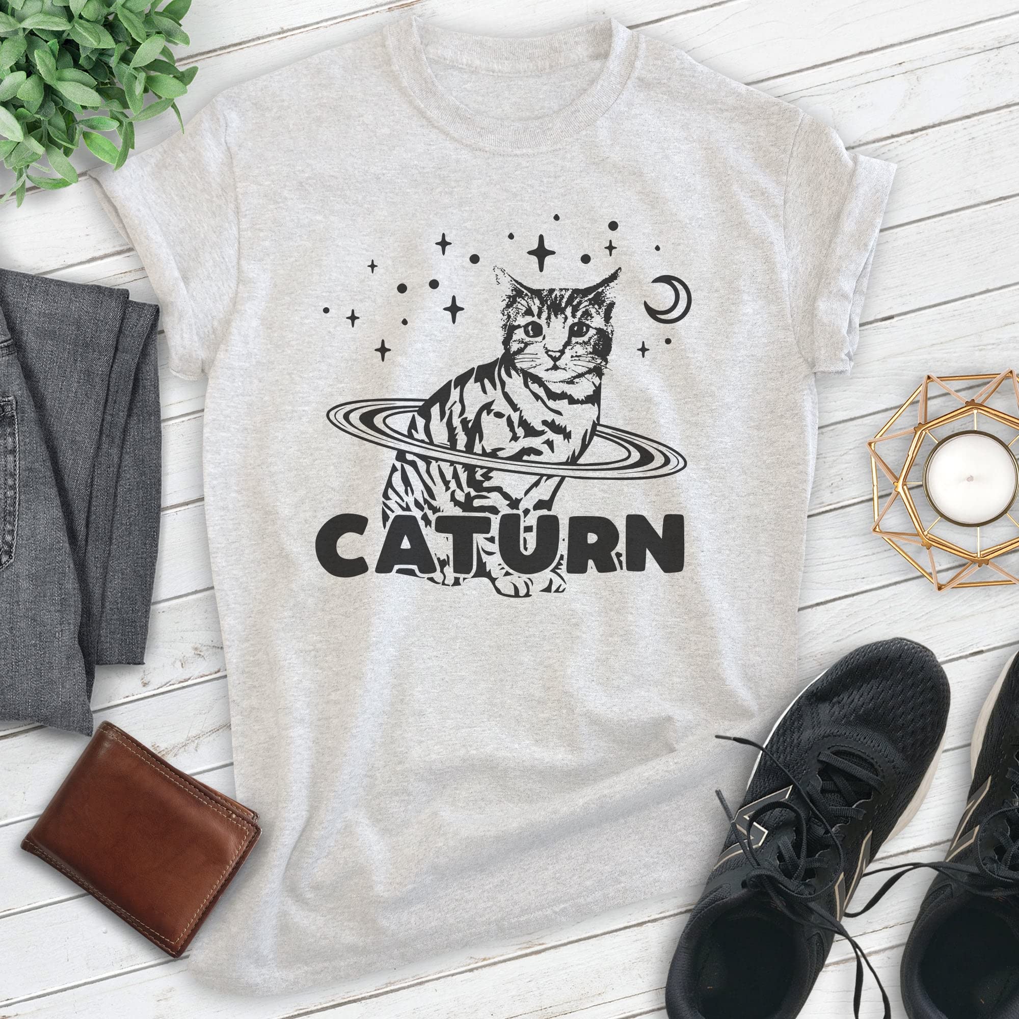 EVERTREE CLOTHING Caturn Shirt - Unisex Cat Lover T-Shirt for Women & Men | Cute Kitten Graphic Tee - Perfect for Casual Wear, Cat Enthusiast Gifts & Everyday Outfits