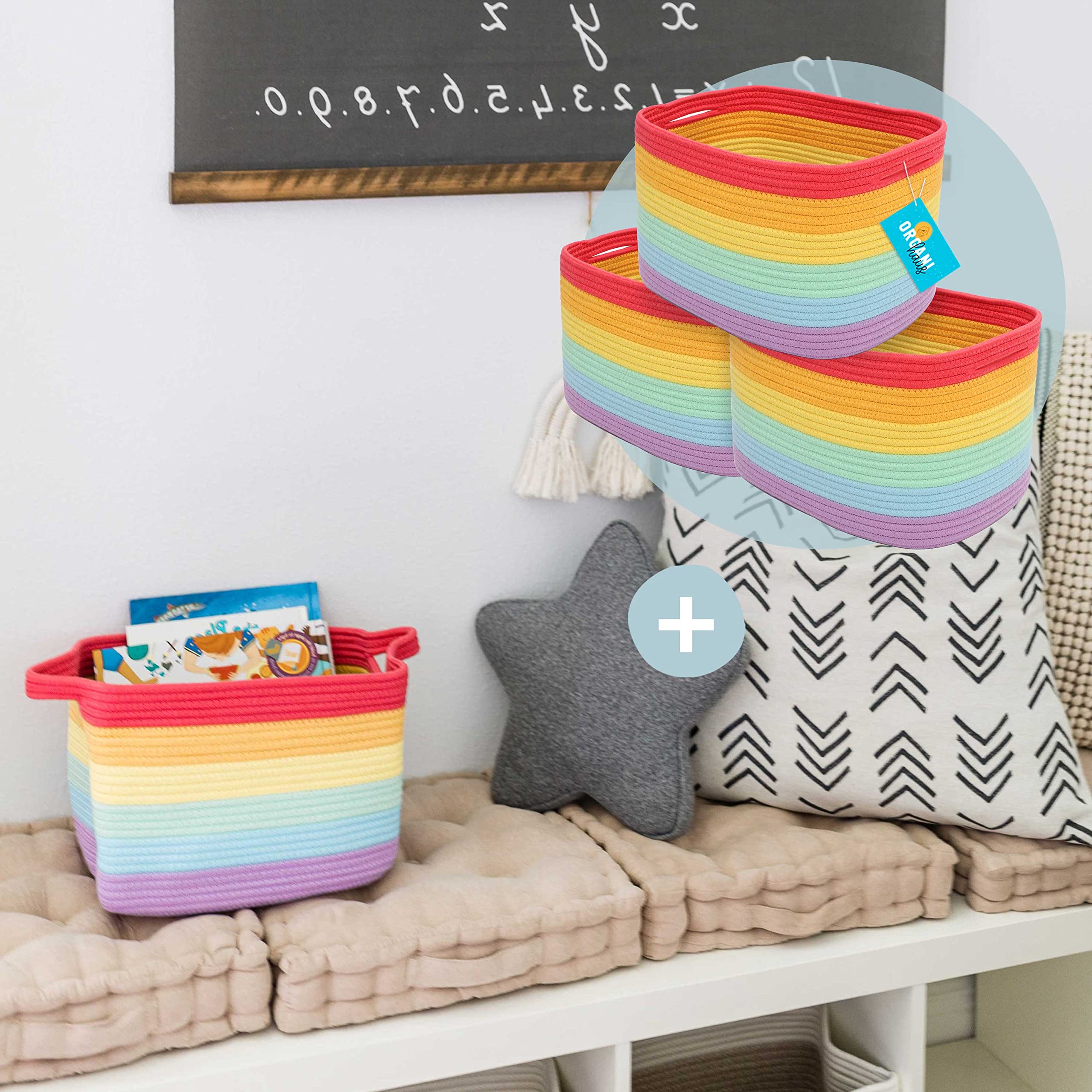 3-Piece Shelf Baskets Set with Cotton Rope Magazine Holder - Rainbow Color Storage Bins for Home Organization | Perfect for Bathroom, Kitchen, and Office Storage