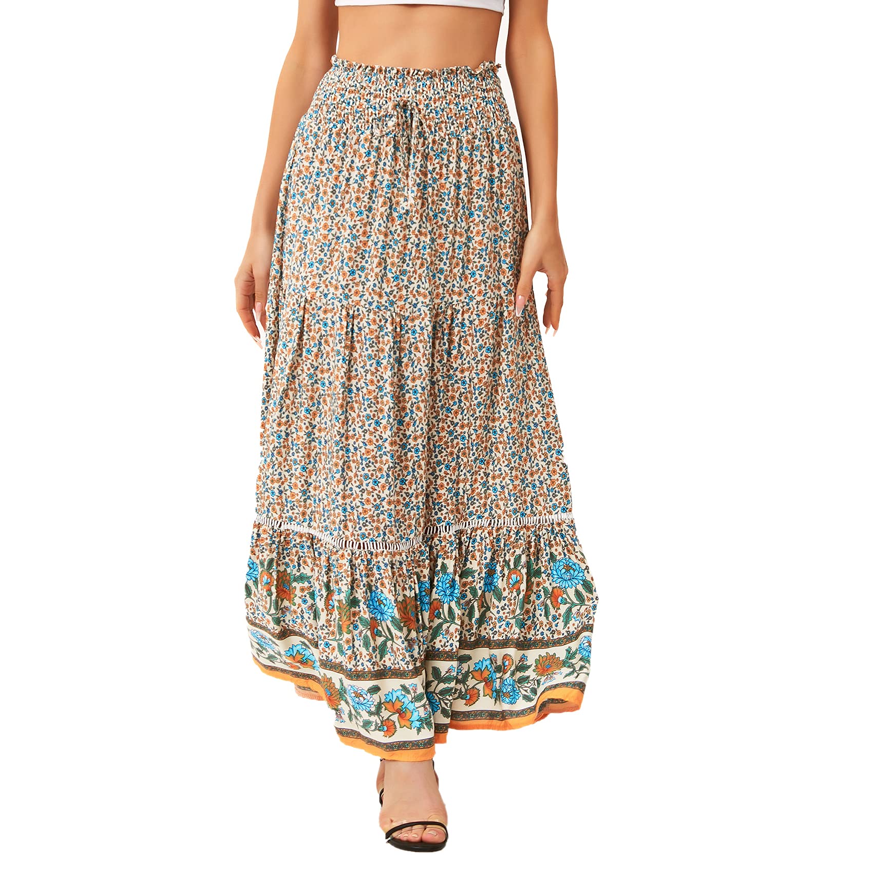 Durio Boho Skirt - Women's A-Line Maxi Skirt with Elastic Waist & Floral Print | Perfect for Summer, Beach, Vacations & Boho Fashion Outfits
