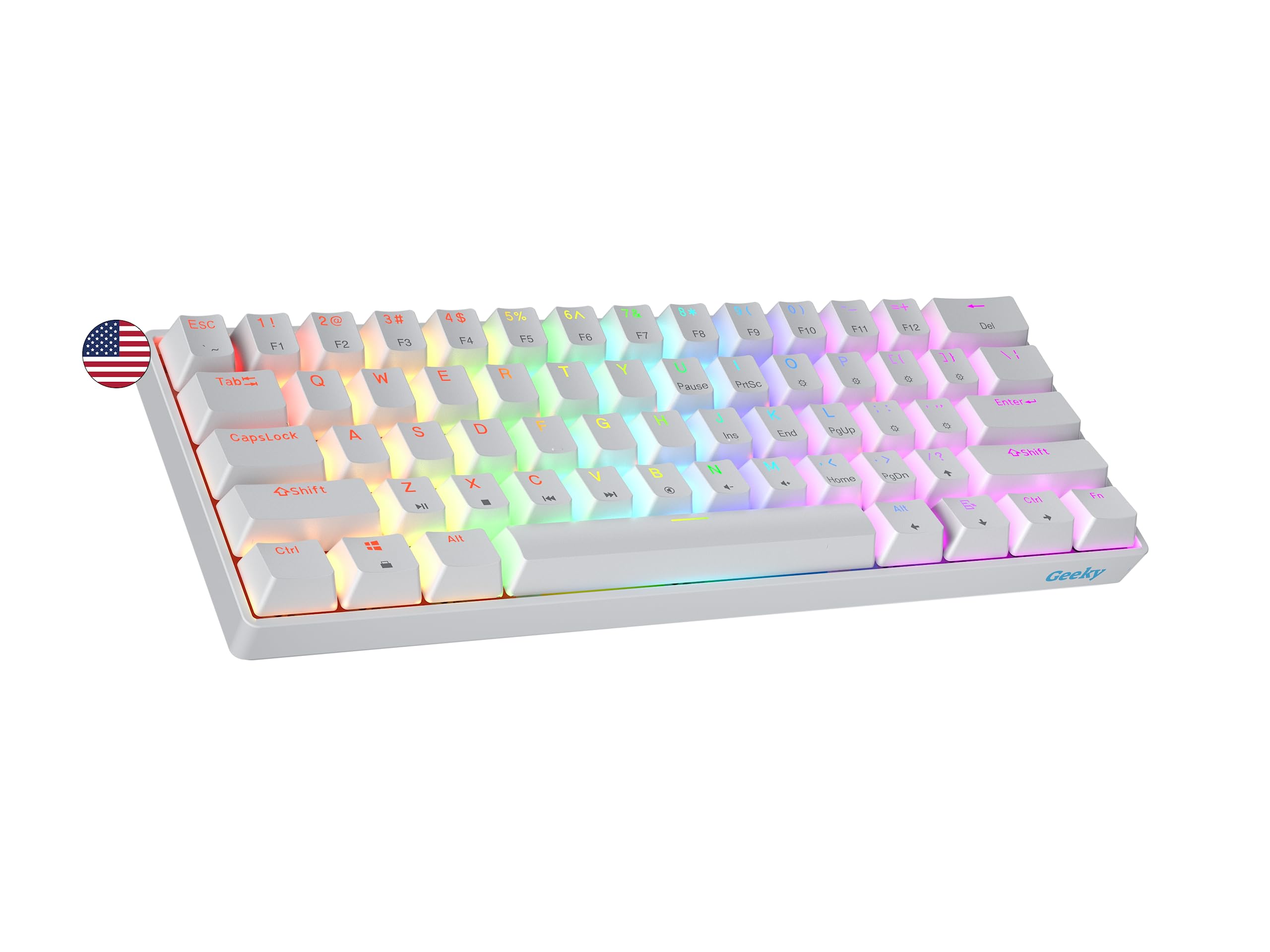 Geeky GK61 60% Hot Swappable Mechanical Gaming Keyboard - 61 Key RGB Backlit with ANSI US Layout (White, Blue Switch) for PC & Mac Gamers | Perfect for Esports, Coding & Office Work