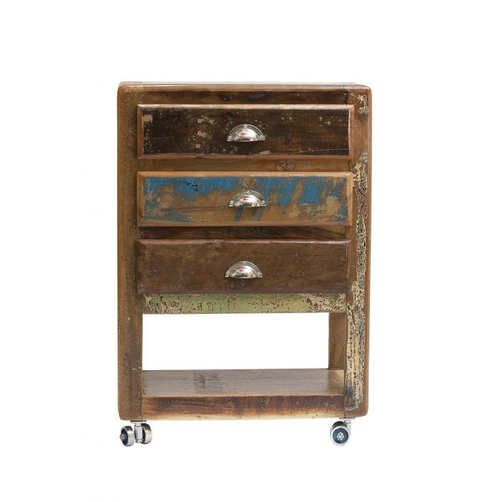 **Vintage Reclaimed Wood Nightstand with Wheels and Drawers - Rustic Bedside Table for Bedroom, Living Room, or Office**