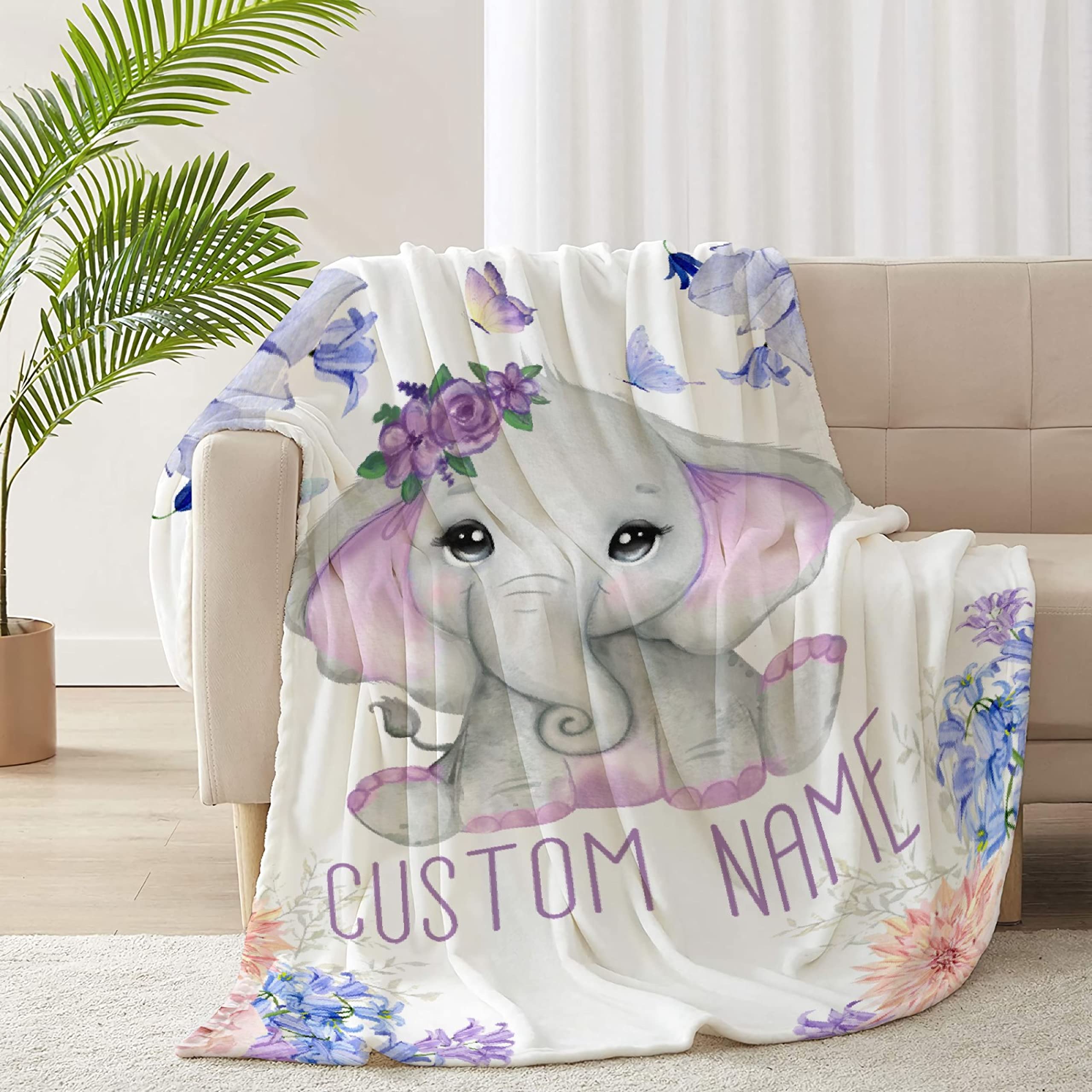 Personalized Baby Blanket with Name - Purple Floral Elephant Design Custom Fleece Blanket for Girls & Boys | Soft 120x90 Inch Baby Shower Gift for Daughter, Granddaughter, Niece | Perfect for Nursery, Cuddling & Family Keepsakes