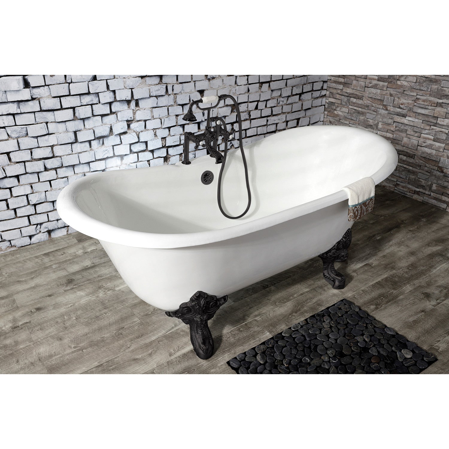 Aqua Eden 67 Inch White Matte Black Cast Iron Oval Double Slipper Clawfoot Bathtub with 7 Inch Faucet Drillings - Vintage Freestanding Soaking Tub for Luxury Bathroom & Spa Retreat
