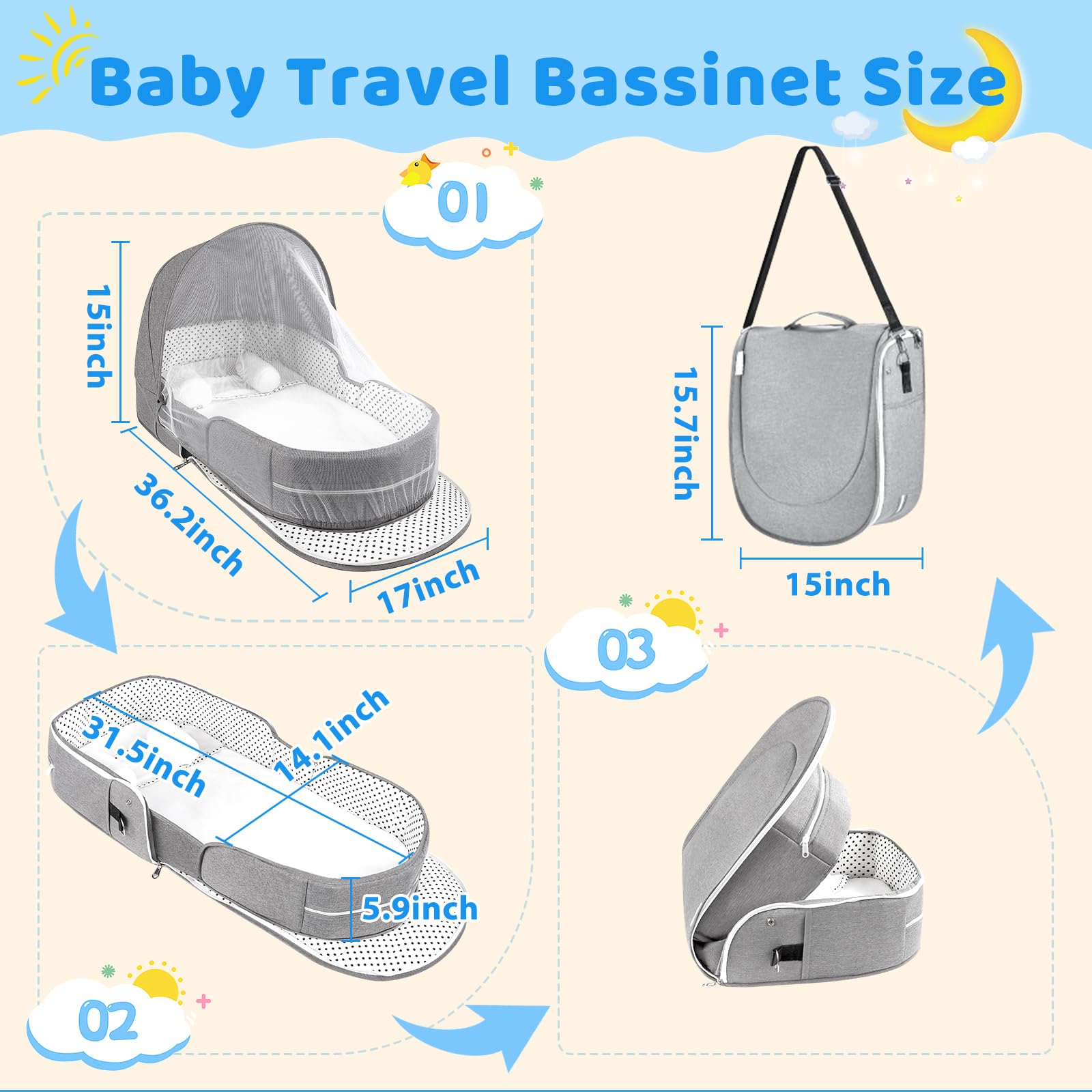 Portable Travel Bassinet for Baby - Foldable Lightweight Infant Bed with Mosquito Net & Canopy | Newborn Sleeping Solution for Home, Travel & Outdoor Adventures