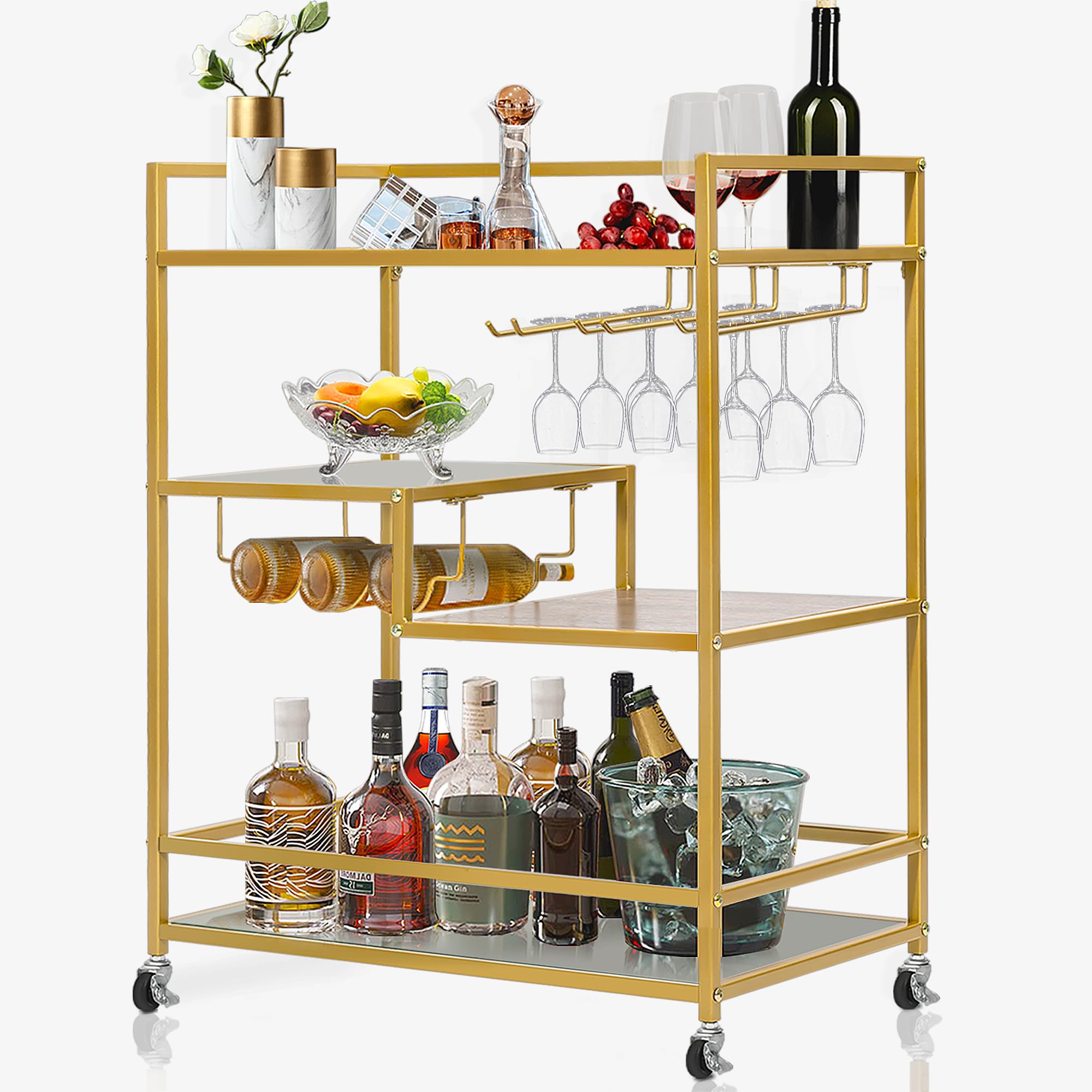 SULIVES 4-Tier Gold Rolling Bar Cart with Wine Rack & Tempered Glass Holder - Lockable Wheels Mobile Serving Cart for Kitchen, Dining Room, Party & Home Bar Decor | Perfect for Entertaining, Wine Storage & Beverage Service
