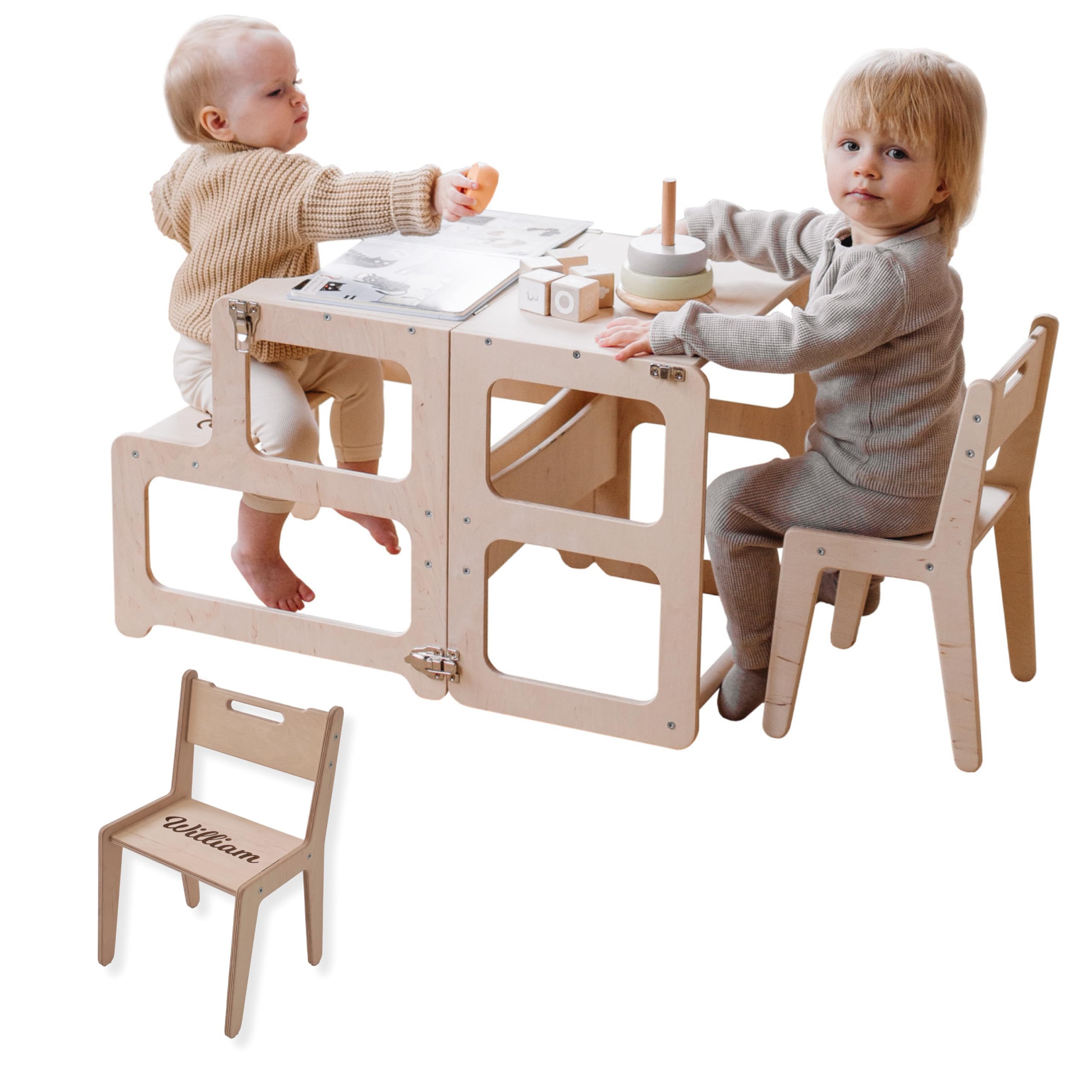 Montessori Kitchen Tower for Toddlers - Natural Wood Learning Stool with Extra Chair - Safe Step-Up Helper for Cooking & Baking Activities