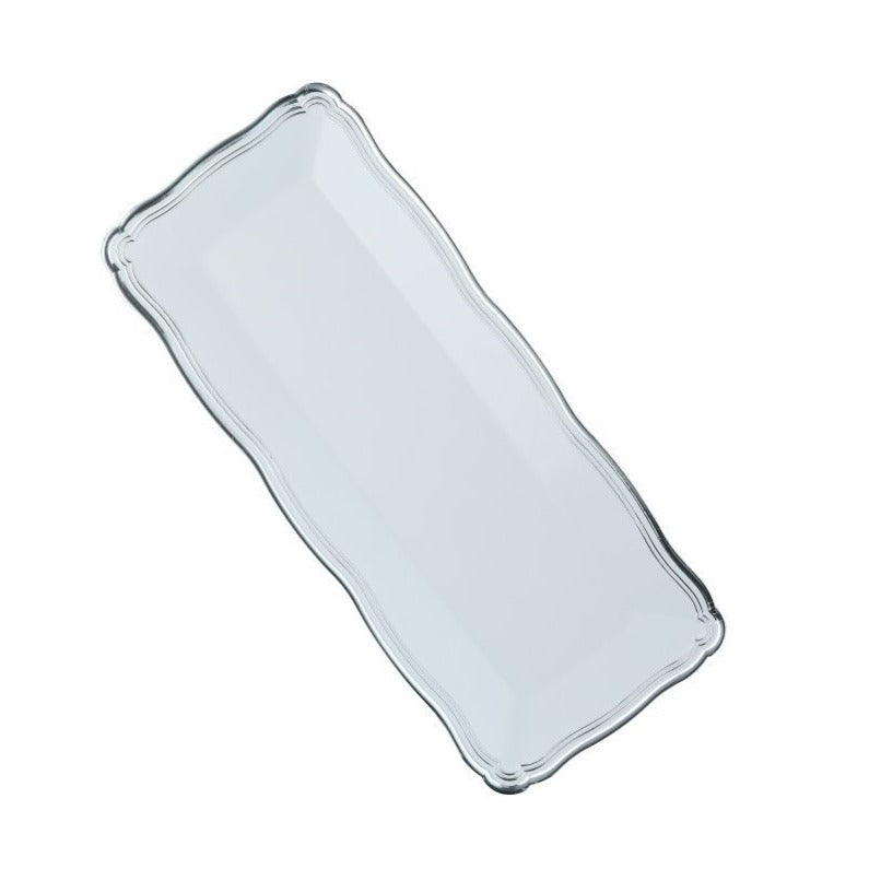 13.75 x 6 Inch White and Silver Rim Rectangle Plastic Serving Tray - Perfect for Parties, Dining, and Home Decor