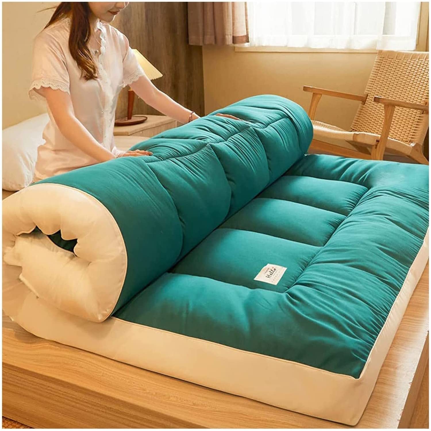 OMKUOSYA 8cm Thick Japanese Futon Mattress Topper - Foldable Tatami Floor Mat for Camping, Guest Bed & Small Spaces - Green Quilted Roll-Up Sleeping Pad (90x200cm) | Perfect for Apartments, Dorms & Travel