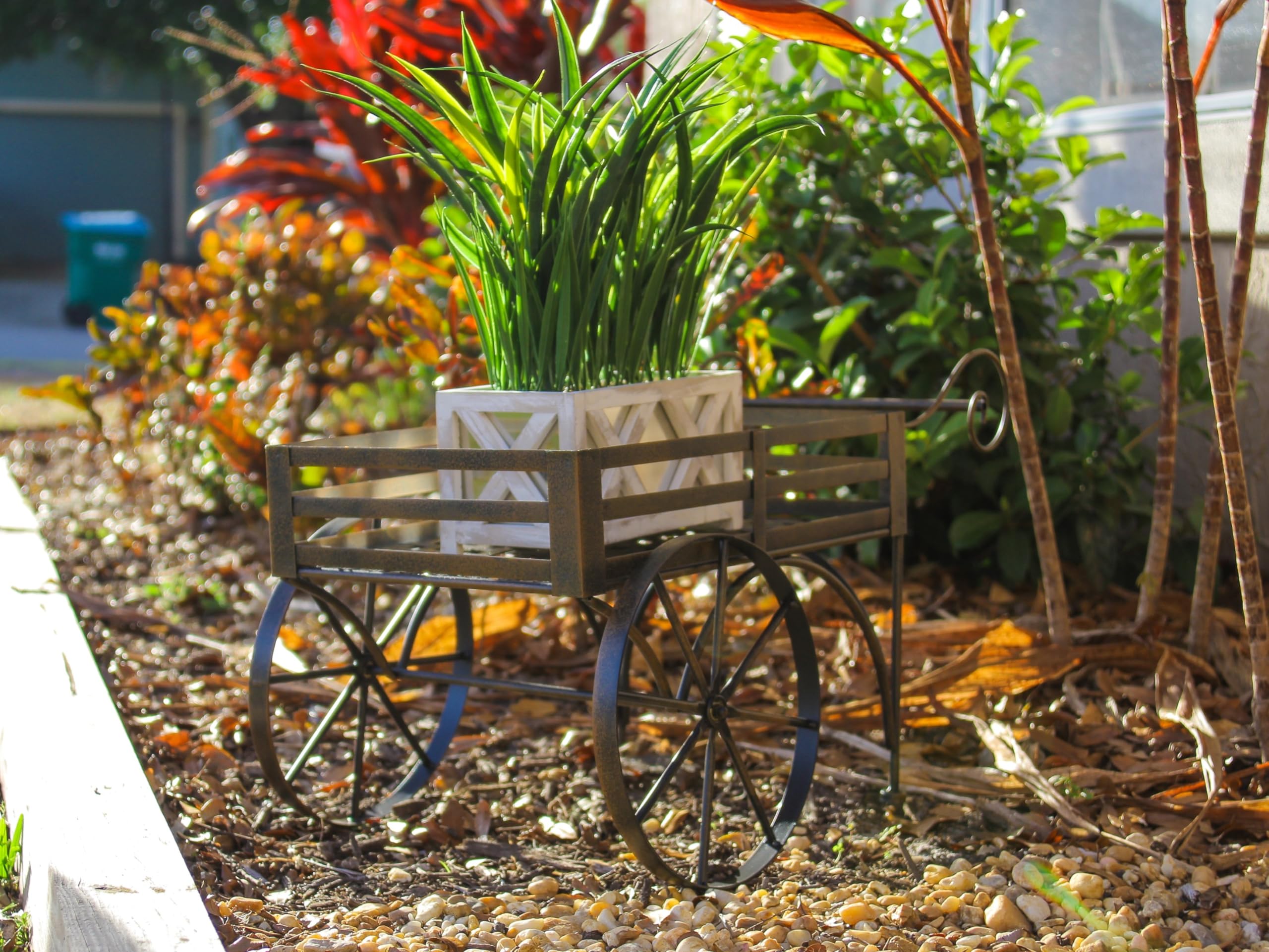 Rustic Brown Metal Wagon Cart Plant Stand - Indoor Outdoor Flower Pot Holder - Garden Decor for Patio, Balcony & Home - Perfect for Succulents, Herbs & Decorative Plants