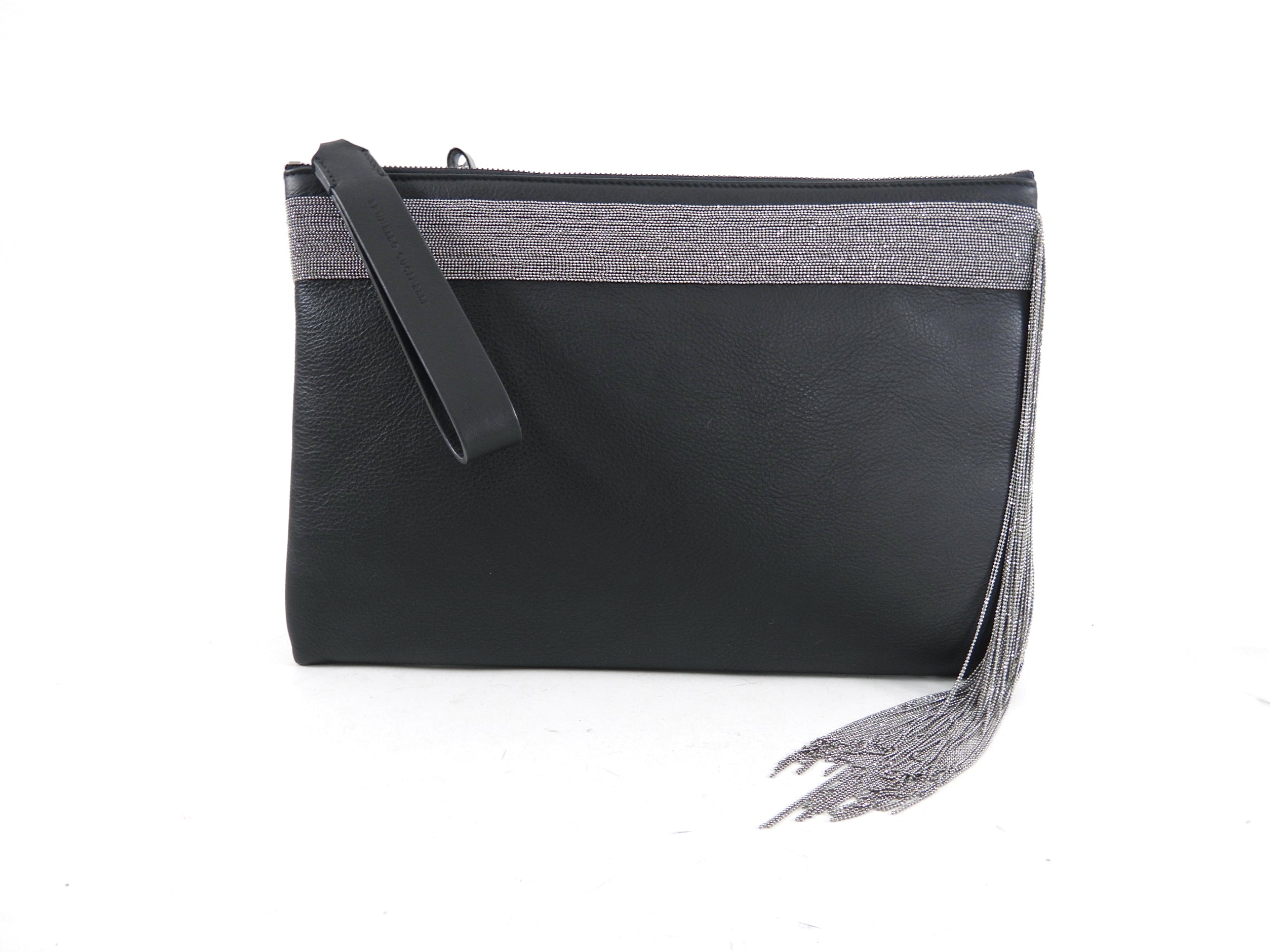 Brunello Cucinelli Charcoal Grey Leather Fringe Zip Pouch Clutch Bag for Women | Elegant Evening Party & Wedding Accessory | Stylish Crossbody Handbag for Date Night & Special Occasions