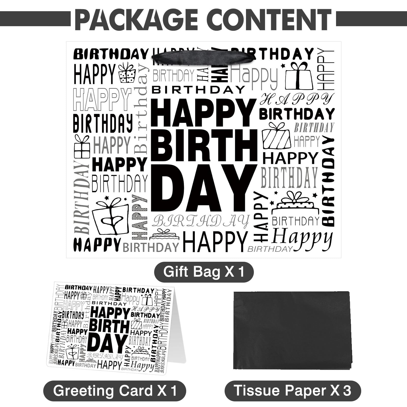 13 Inch Large Black and White Happy Birthday Gift Bag with Tissue Paper & Greeting Card - Perfect for Men, Women, Birthday Parties & Special Occasions