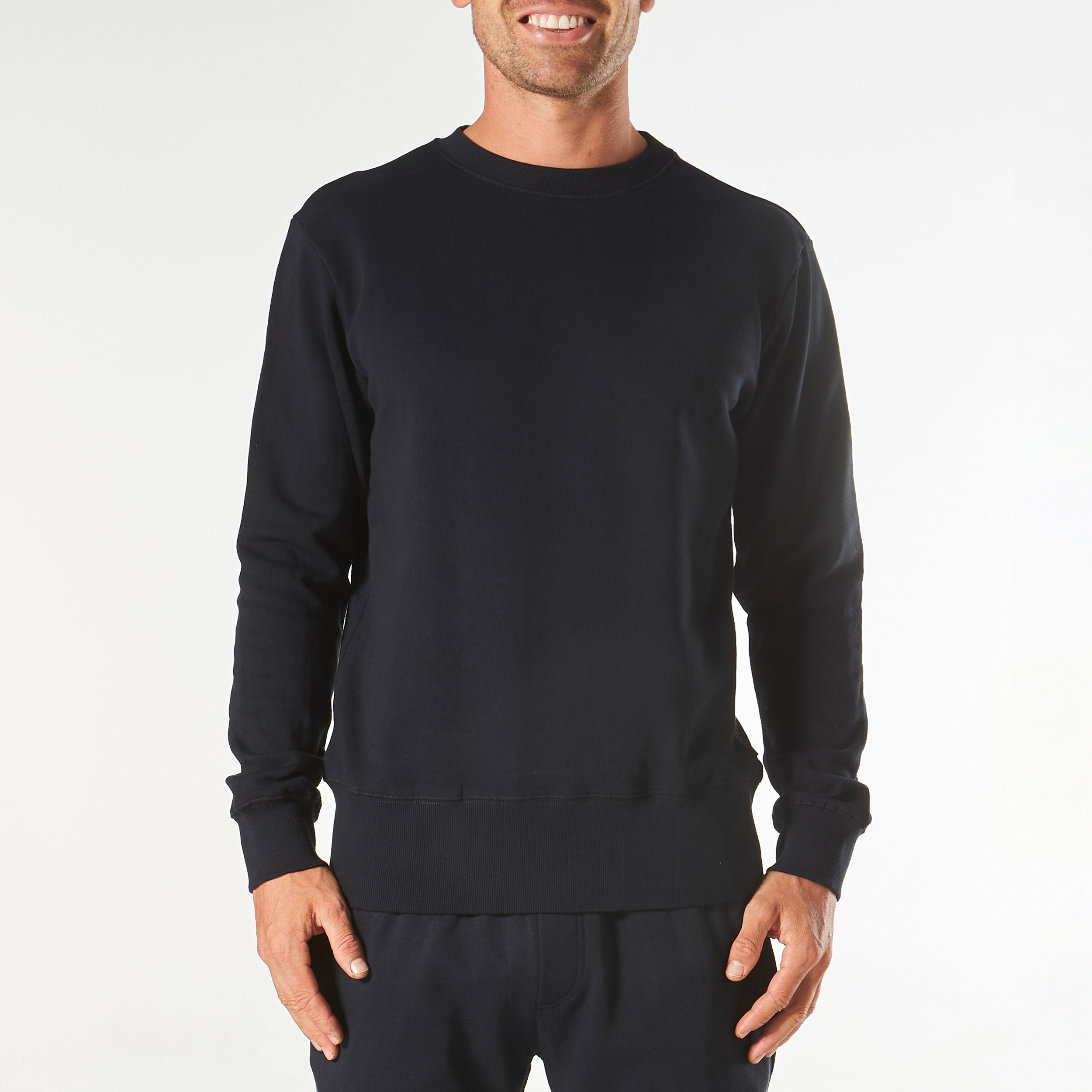 Men's Long Sleeve Crew Neck Lounge Sweatshirt - Soft Comfortable Casual Pullover for Relaxing at Home - Black