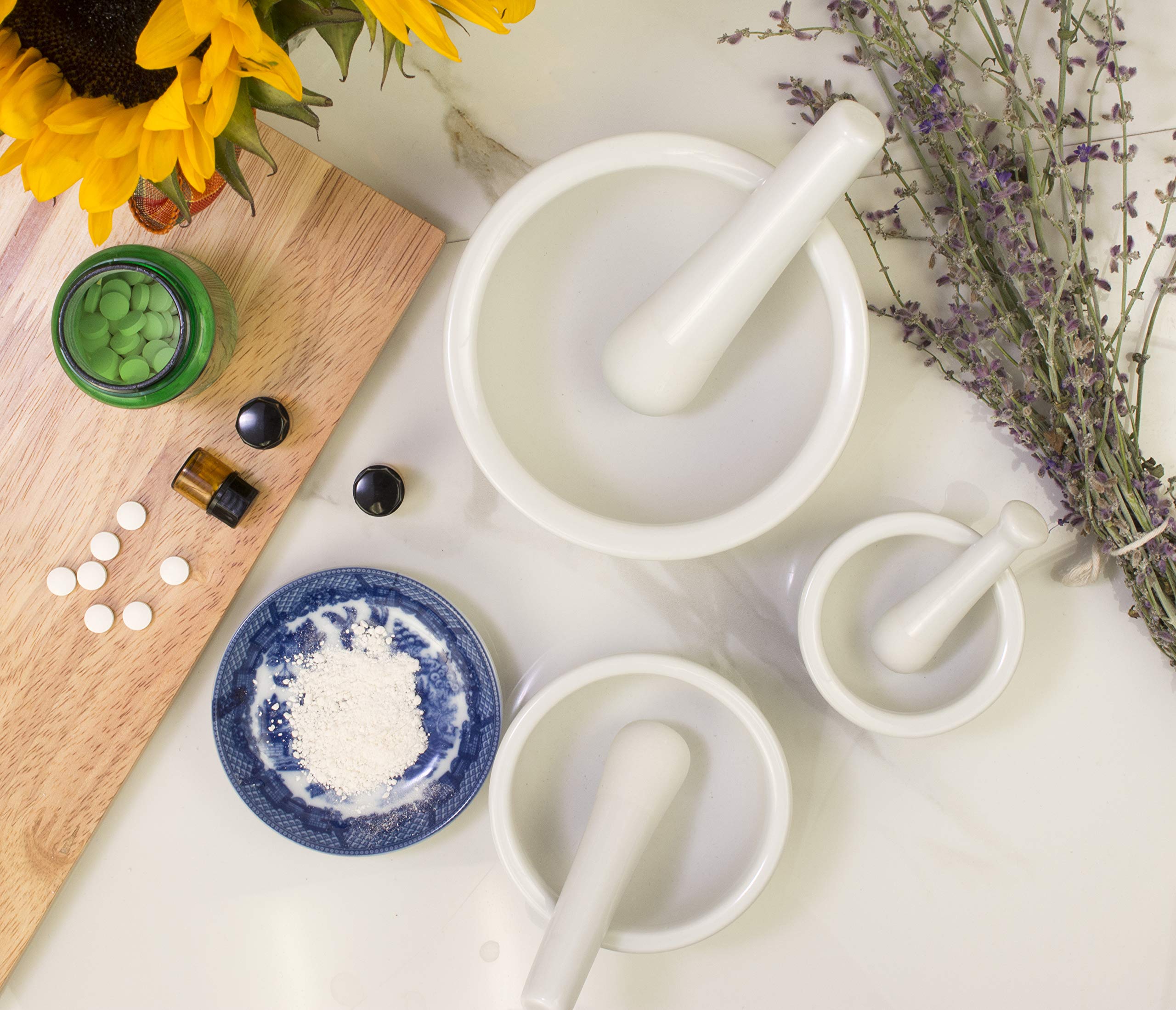 Premium HIC Kitchen Mortar and Pestle Set - Fine White Porcelain, 3-Piece Set (Small, Medium, Large) for Grinding Spices, Herbs & Pesto - Perfect for Home Cooking, Baking & Apothecary Use