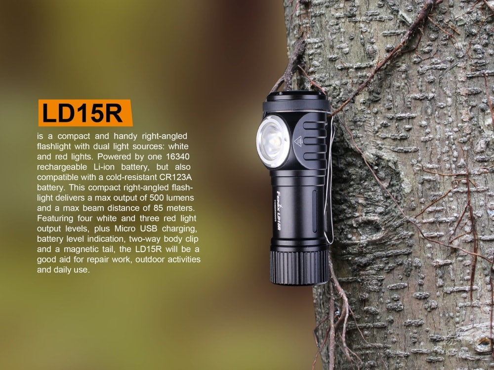 Fenix LD15R Rechargeable Right Angle LED Flashlight - 500 Lumens, IP68 Waterproof for Camping, Hiking & Emergency Use