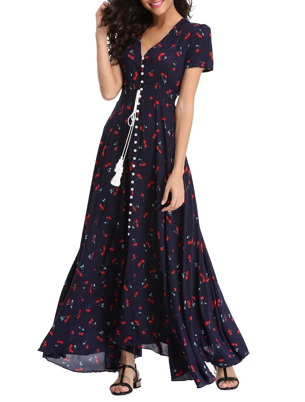 Women's Floral Maxi Dress - Casual Long Summer Boho Beach Dress with Short Sleeves & Button Up Front | Perfect for Beach Vacations, Music Festivals & Summer Parties
