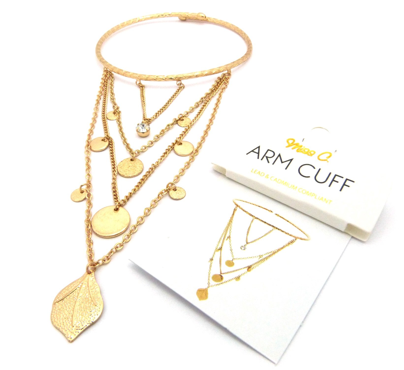 NYfashion101 Gold-Tone Rhinestone Stud Dangling Medals Arm Chain Cuff Bracelet - Elegant Statement Jewelry for Parties, Weddings & Evening Events