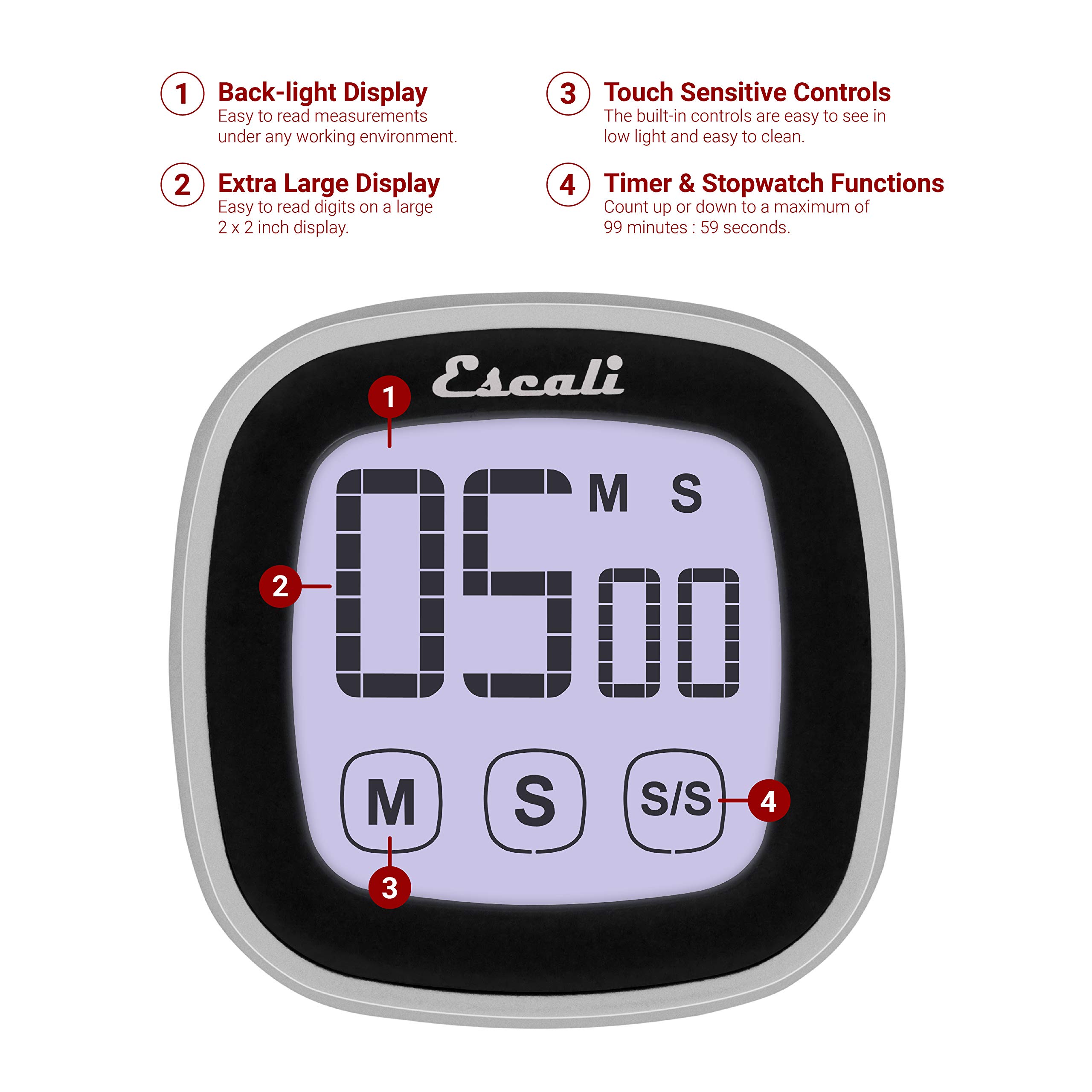 Escali Touch Screen LCD Digital Timer - Easy to Read Display with Touch Sensitive Controls & Battery Saving Feature - Perfect for Cooking, Baking, Lab Experiments & Classroom Use - Black