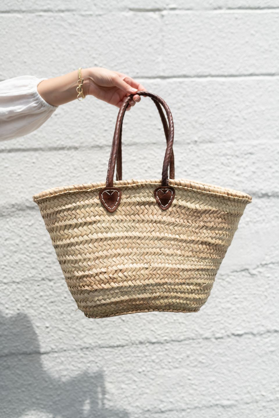 French Market Basket Bag with Deluxe Tan Leather Handle - Stylish Woven Tote for Grocery Shopping, Picnics & Beach Outings