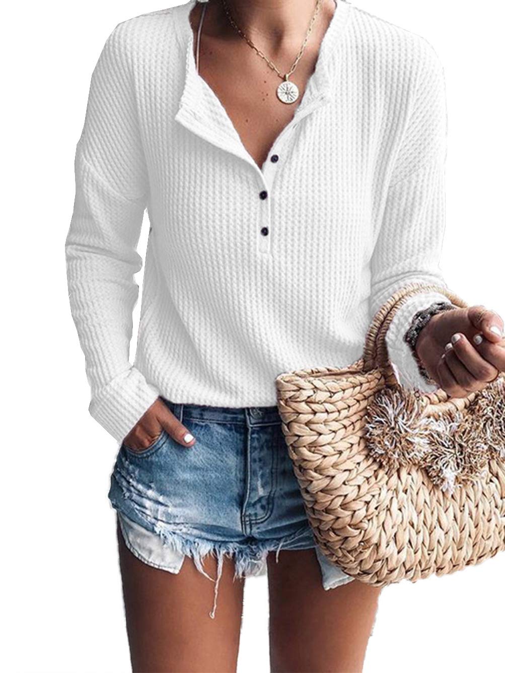Famulily Women's Waffle Knit Tunic Top - Loose Fit Long Sleeve Button Up Henley Shirt with V-Neck | Casual Office Wear & Layering Essential