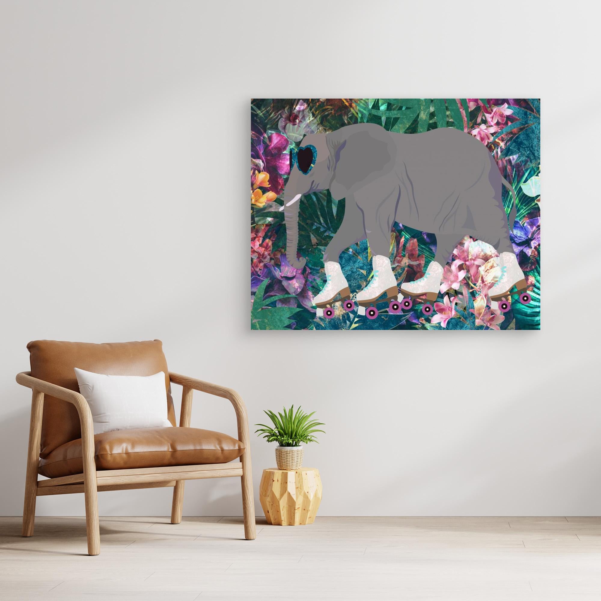 Elephant Rollerskating in the Jungle Canvas Print by Sarah Manovski - Unique Animal Art for Nursery, Kids Room & Skateboarder Decor