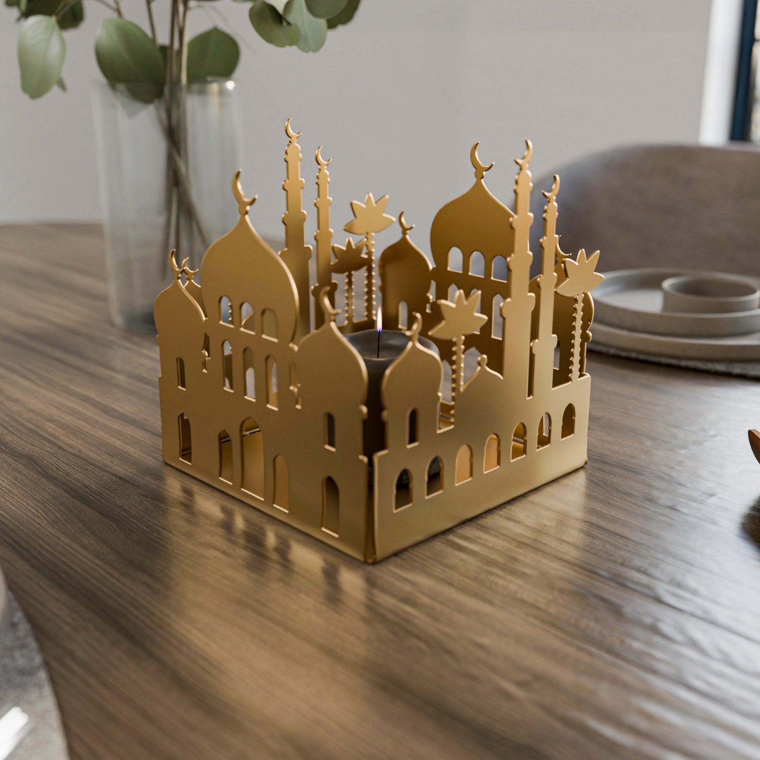 Elegant Metal Candle Holder with Masjid Motif - Islamic Home Decor for Ramadan, Eid & Prayer Room Decoration - Perfect for Muslim Households & Gift Giving