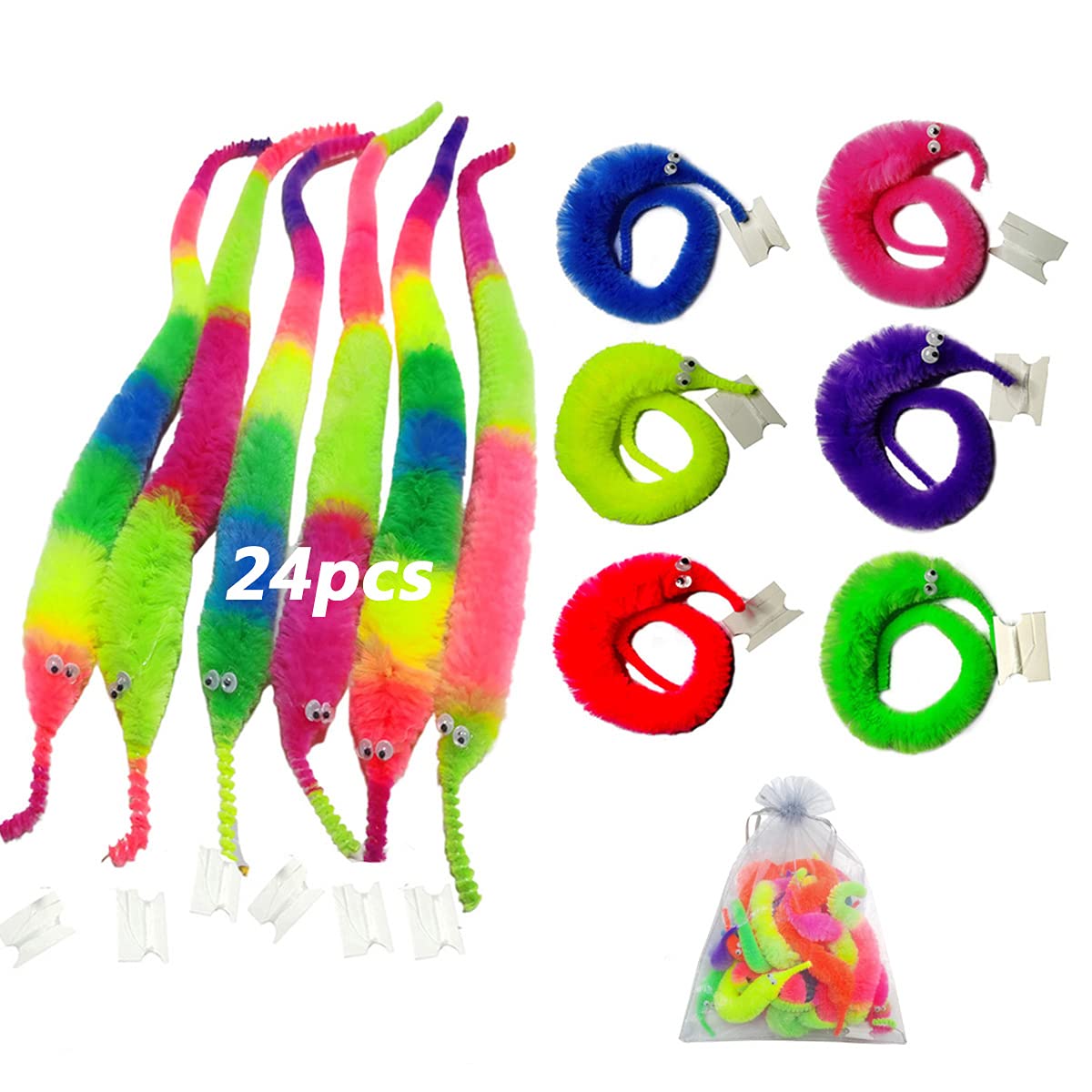 LE TOOTER 24PCS Rainbow Fuzzy Worm Toys on String - Bulk Trick Toys for Kids, Cat Teaser & Carnival Party Favors - Fun for Birthday Gifts, Classroom Rewards & Pet Playtime