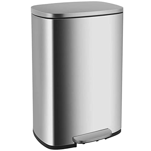 MKDLUFEI 50L/13.2Gal Stainless Steel Trash Can with Foot Pedal - Removable Inner Bucket & Odor-Proof Hinged Lid - Metal Garbage Bin for Kitchen, Bathroom, Living Room & Bedroom - Perfect for Waste Disposal & Home Organization