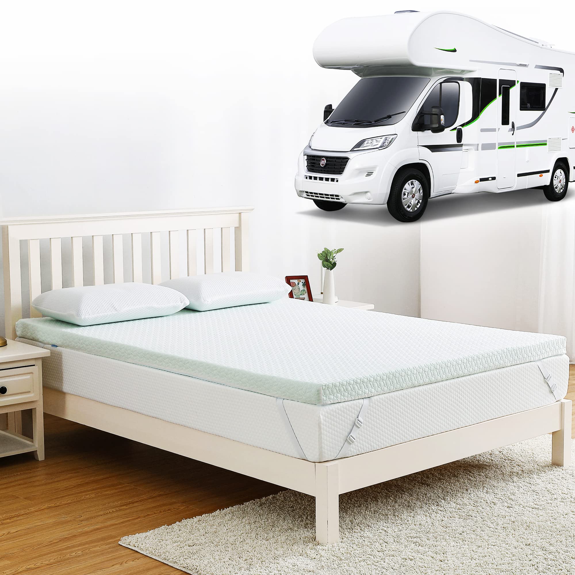 Homhougo 4 Inch Green Tea Memory Foam Mattress Topper with Zippered Bamboo Cover - Short Queen Size (RV Queen) - Ultra Soft Cloud-Like Mattress Pad for Travel Trailers, Trucks, and Campers - Perfect for Road Trips, Camping & RV Adventures