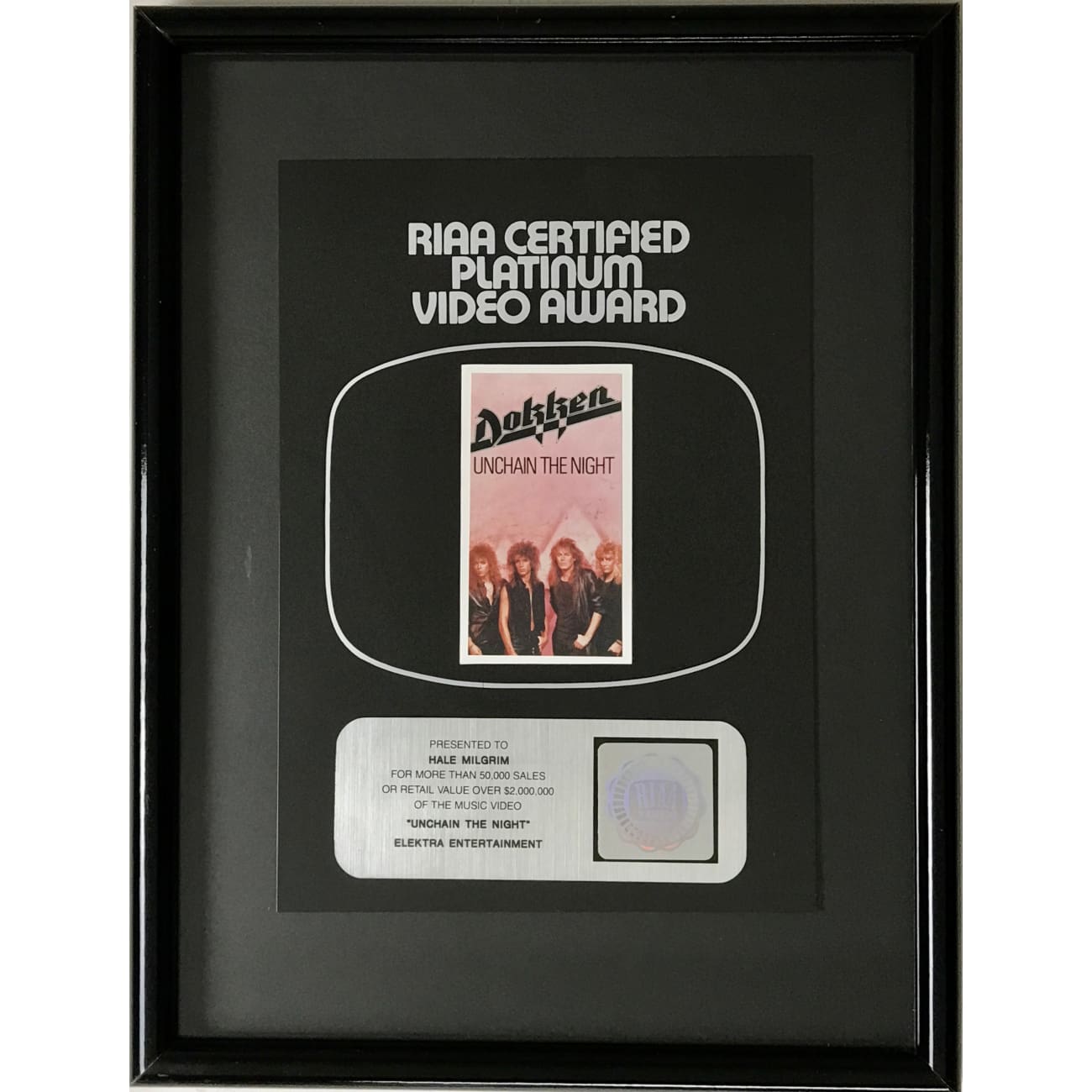 Dokken Unchain The Night 1988 RIAA Platinum Video Award - Classic Heavy Metal Collectible for Music Fans & Memorabilia Enthusiasts - Perfect for Display in Home, Office, or Music Room