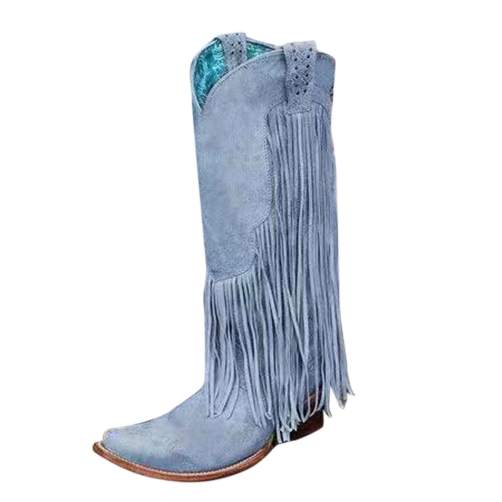YUHAOTIN Women's Plus Size Winter Chunky Heel Fringe Boots - Wide Calf High Heel Knee High Boots for Women - Perfect for Holiday Parties, Office Wear & Cold Weather Fashion