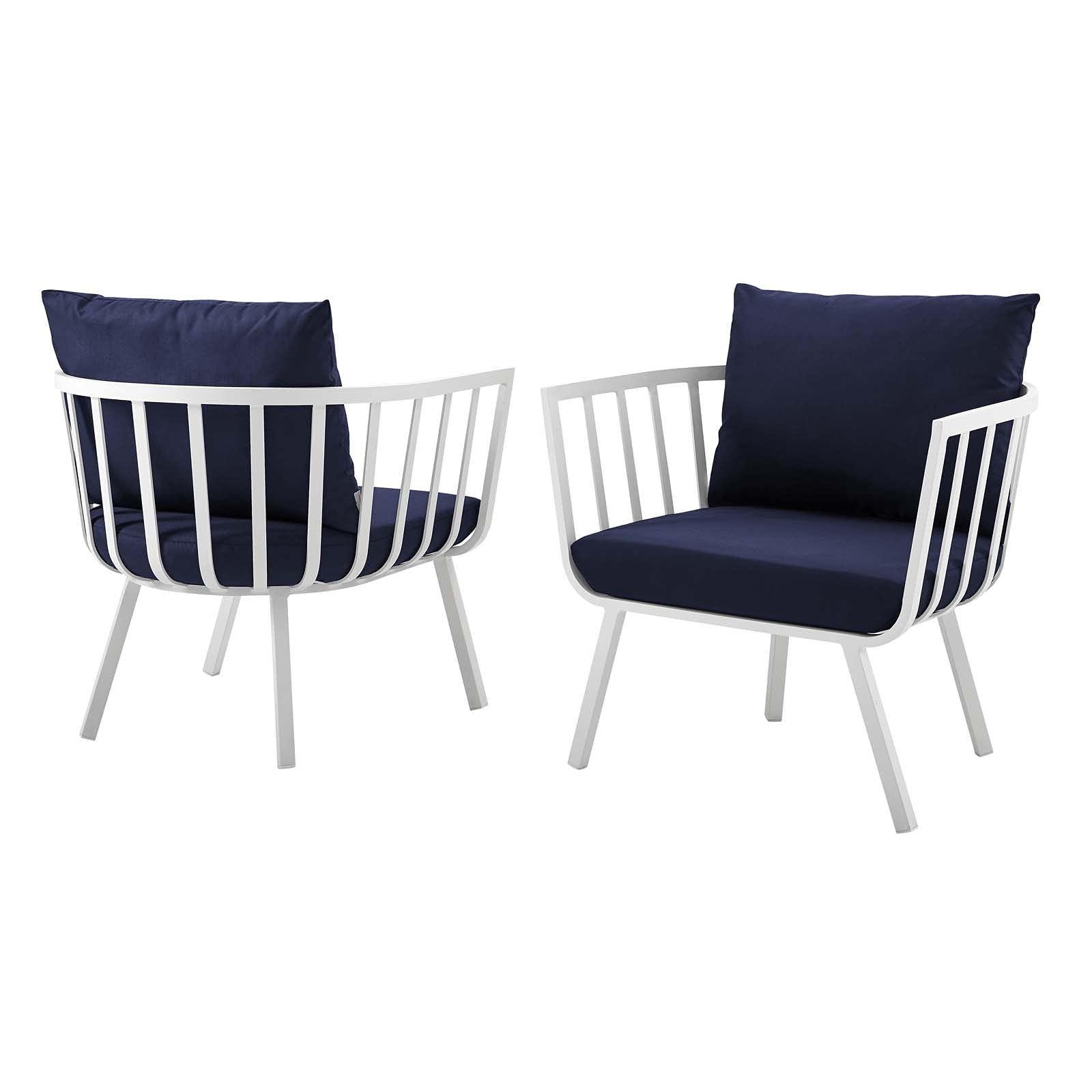 Modern Aluminum Lounge Chair Armchair Set of 2, White Blue Navy Metal Outdoor Patio Furniture for Cafe, Bistro, and Garden Relaxation