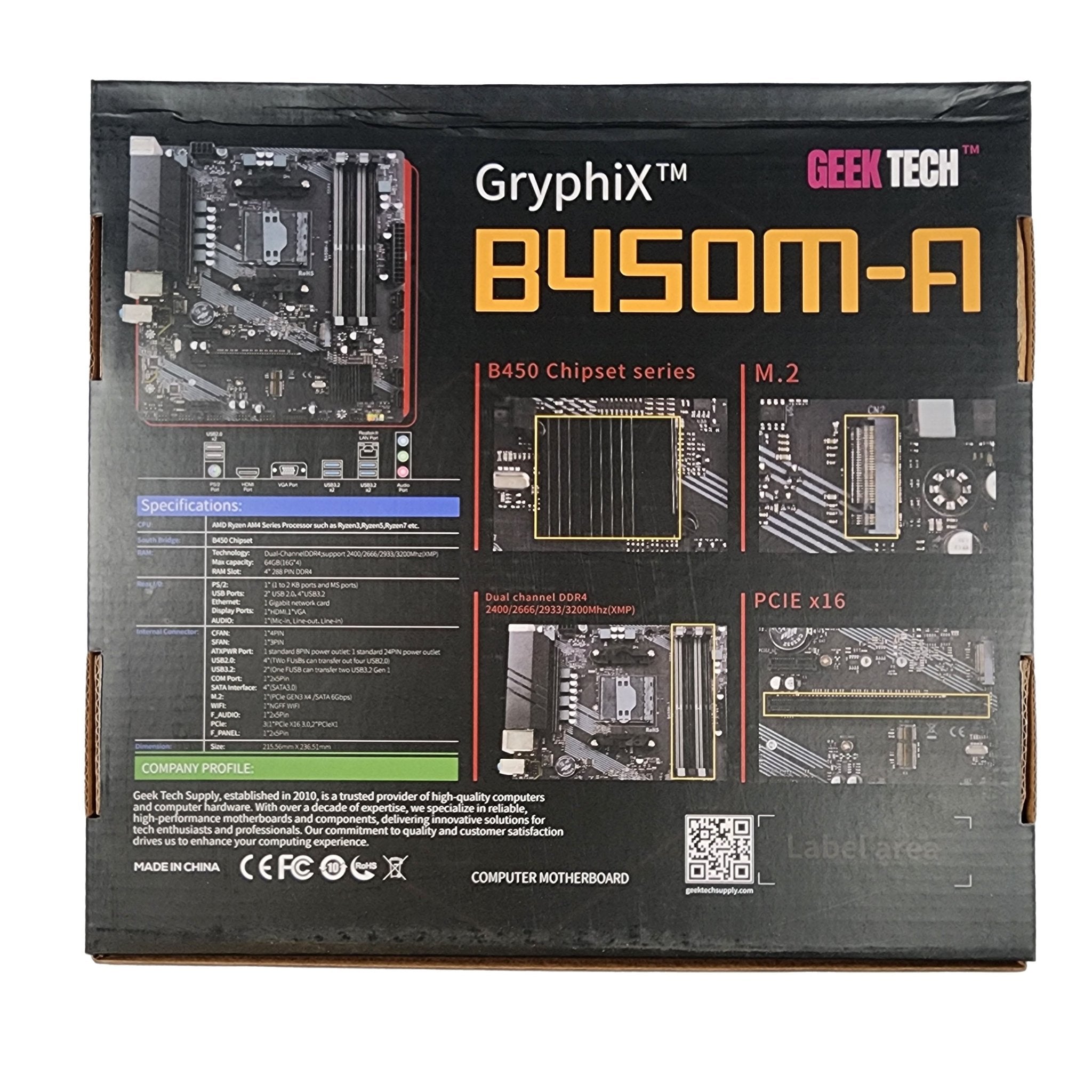GeekTech GryphiX B450M AMD AM4 Socket Micro ATX Motherboard - DDR4 RAM Support, M.2 Slot, USB 3.2 - Perfect for Gaming PC Builds & Home Office Workstations