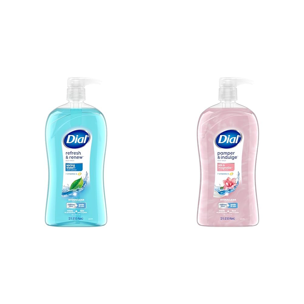 Dial Body Wash, Refresh & Renew Spring Water Scent, 32 fl oz & Pamper & Indulge Silk & Magnolia Body Wash, 32 fl oz - Hydrating Shower Gel for Dry Skin, Daily Moisturizing Bath Essential for Men & Women