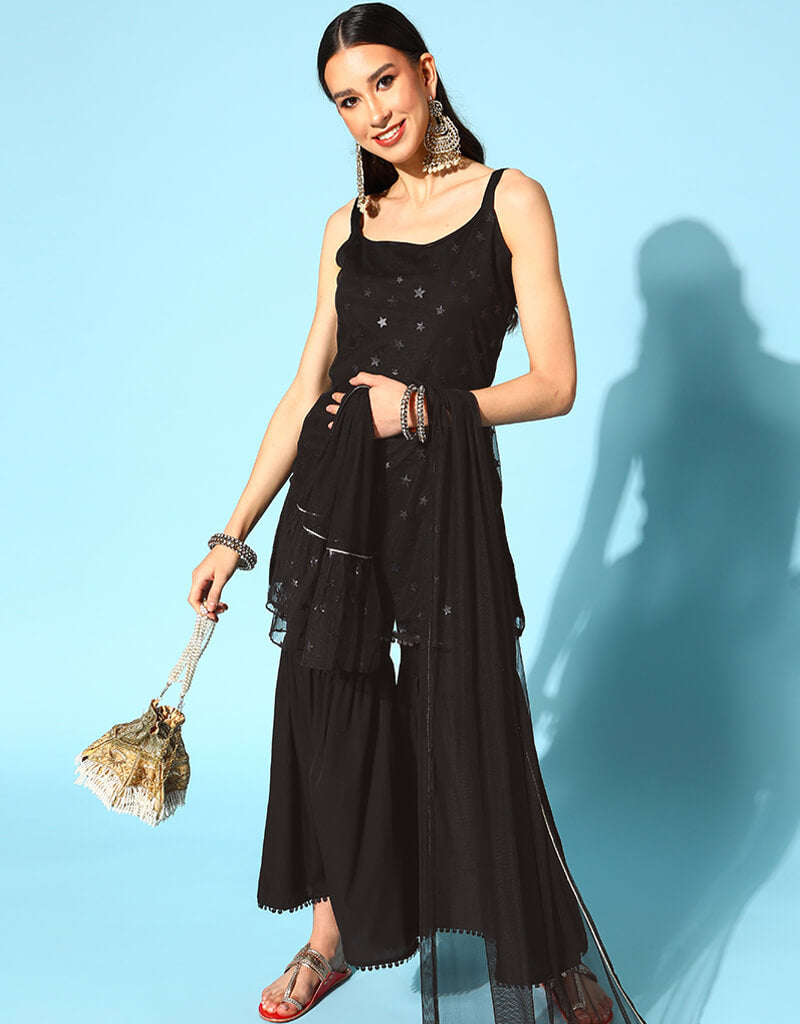 Elegant Black Poly Crepe Sharara Suit for Women - Stylish Pakistani/Indian Ethnic Outfit for Weddings, Parties & Festivals
