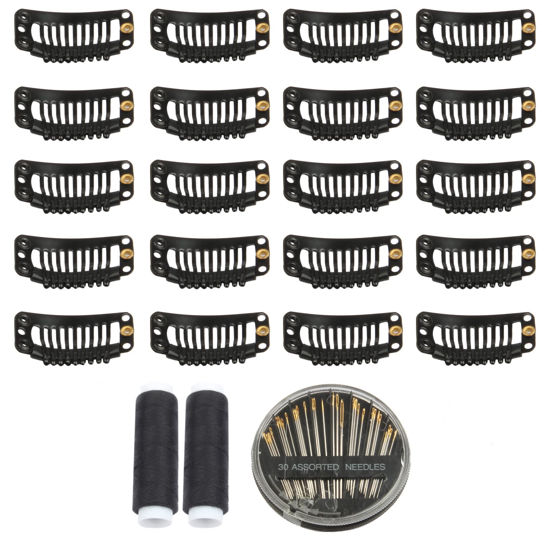 30pcs 9 Teeth Stainless Steel Snap Comb Wig Clips - Hair Extension Clips for Wigs & Weaves - Includes 30 Assorted Sewing Needles & 2 Rolls Thread (Black) - Perfect for Securing Hair Extensions, Costumes & Cosplay
