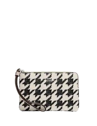 Coach Corner Zip Wristlet with Houndstooth Print - Stylish Crossbody Bag for Women, Perfect for Everyday Use, Travel & Parties