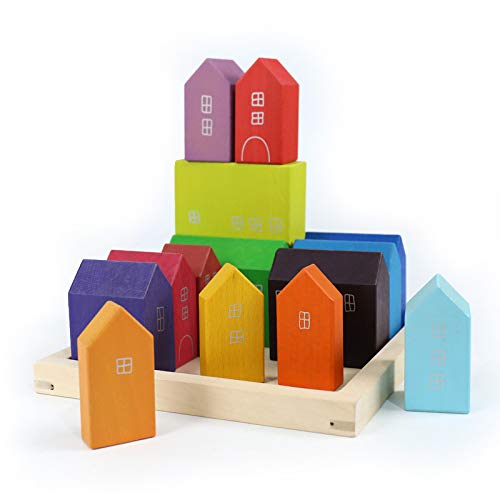 Rainbow Wooden Building Blocks for Kids - 15 Piece Large Geometric Stacking Educational Toy Set | STEM Learning, Montessori Classroom & Toddler Playroom Activities
