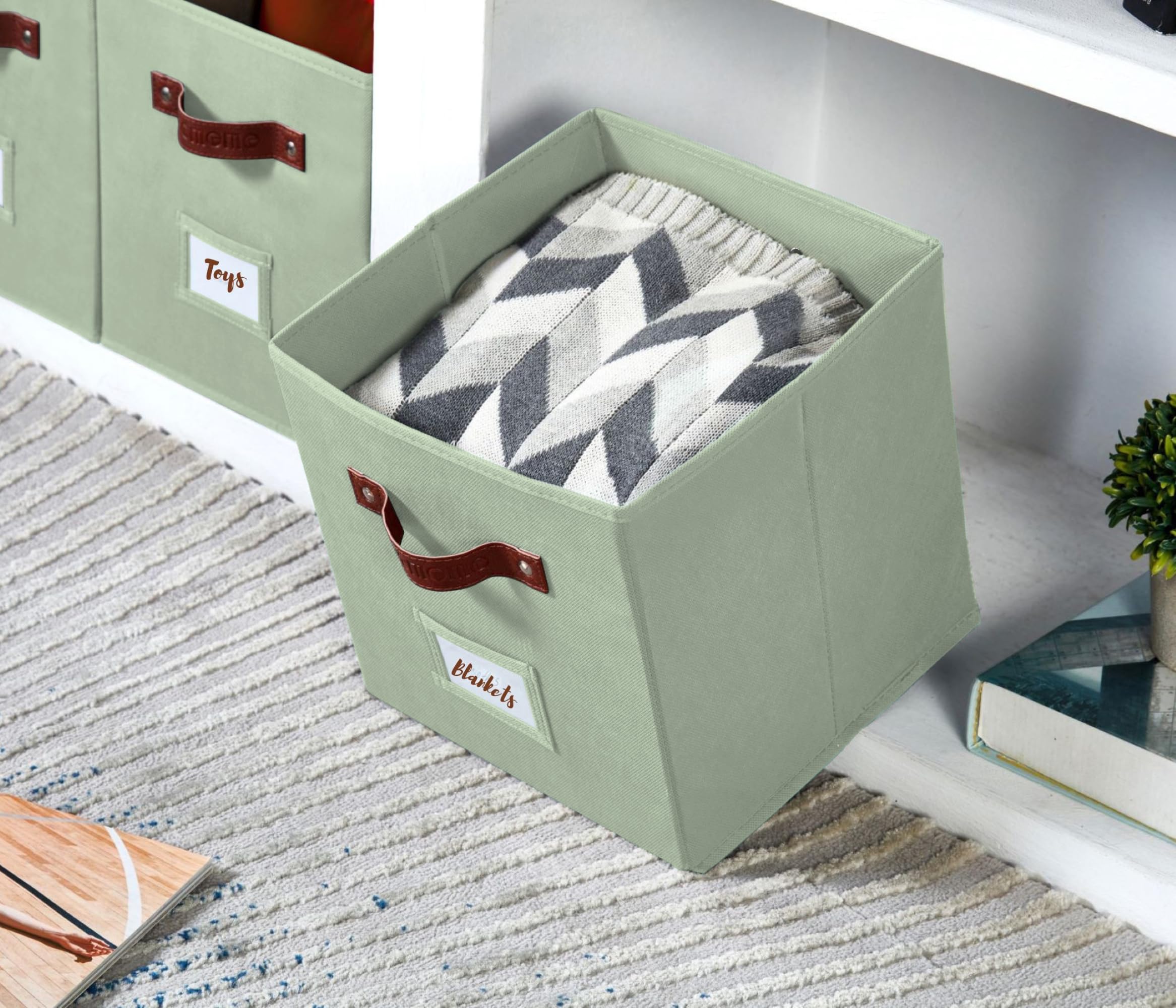 DECOMOMO Fabric Storage Bins 6-Pack, 10.5 x 11 Inch Cube Organizer Bins with Labels - Sage Green Closet & Shelf Organizers for Bedroom, Nursery, Office Storage Solutions