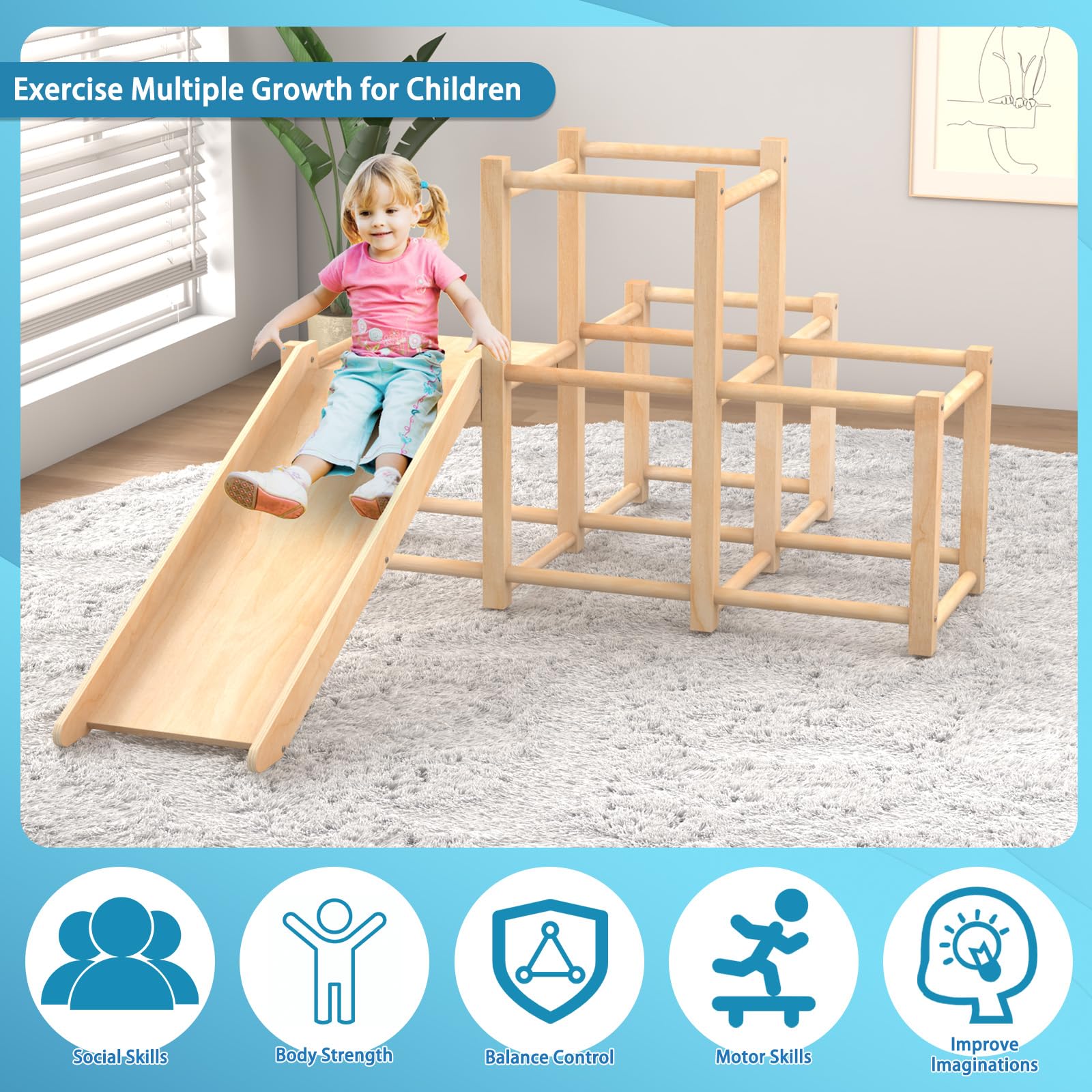 Montessori Wooden Indoor Jungle Gym Climber Playset with Slide - Toddler Climbing Toys & Multifunctional Playground for Kids - Perfect for Home Playrooms, Daycares, and Indoor Active Play