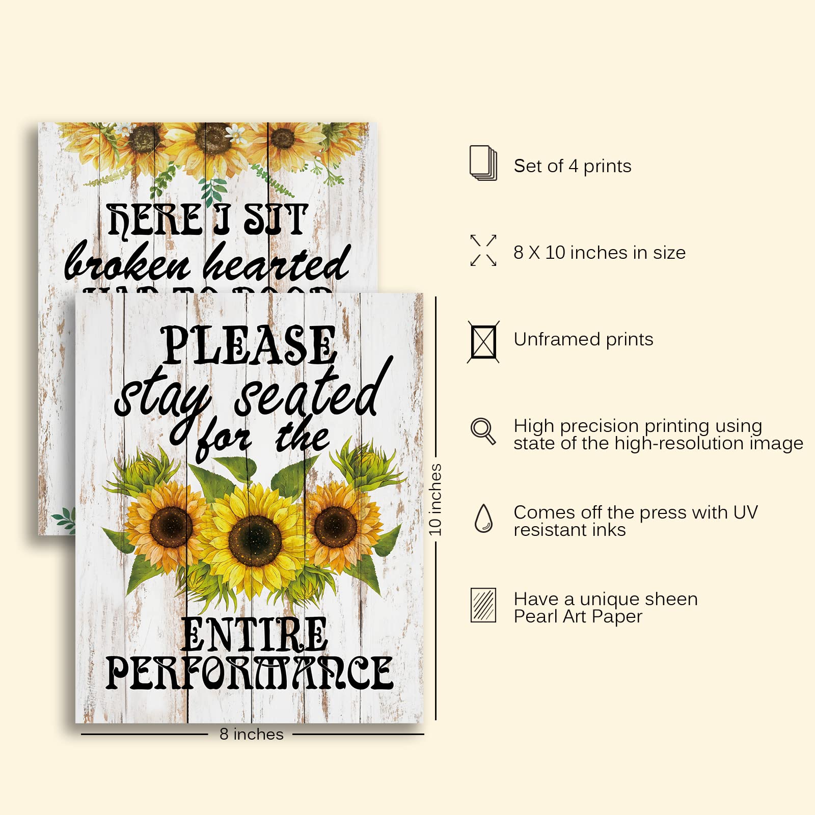Funny Sunflower Bathroom Wall Art - Humorous Quotes Poster Set of 4 for Home Decor