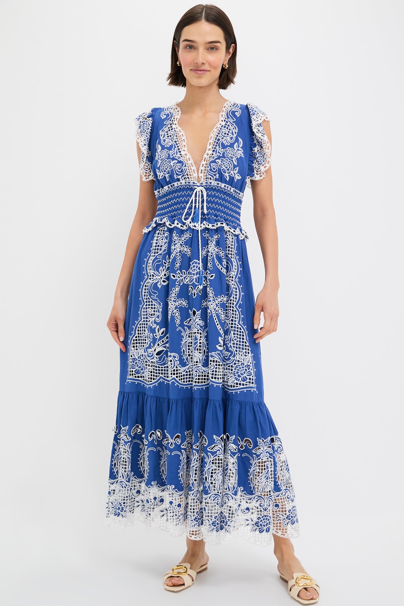 Elegant Blue Romantic Richelieu Maxi Dress for Women | Floral Embroidery Summer Beach Wedding Dress | Perfect for Beach Vacations, Garden Parties & Date Nights