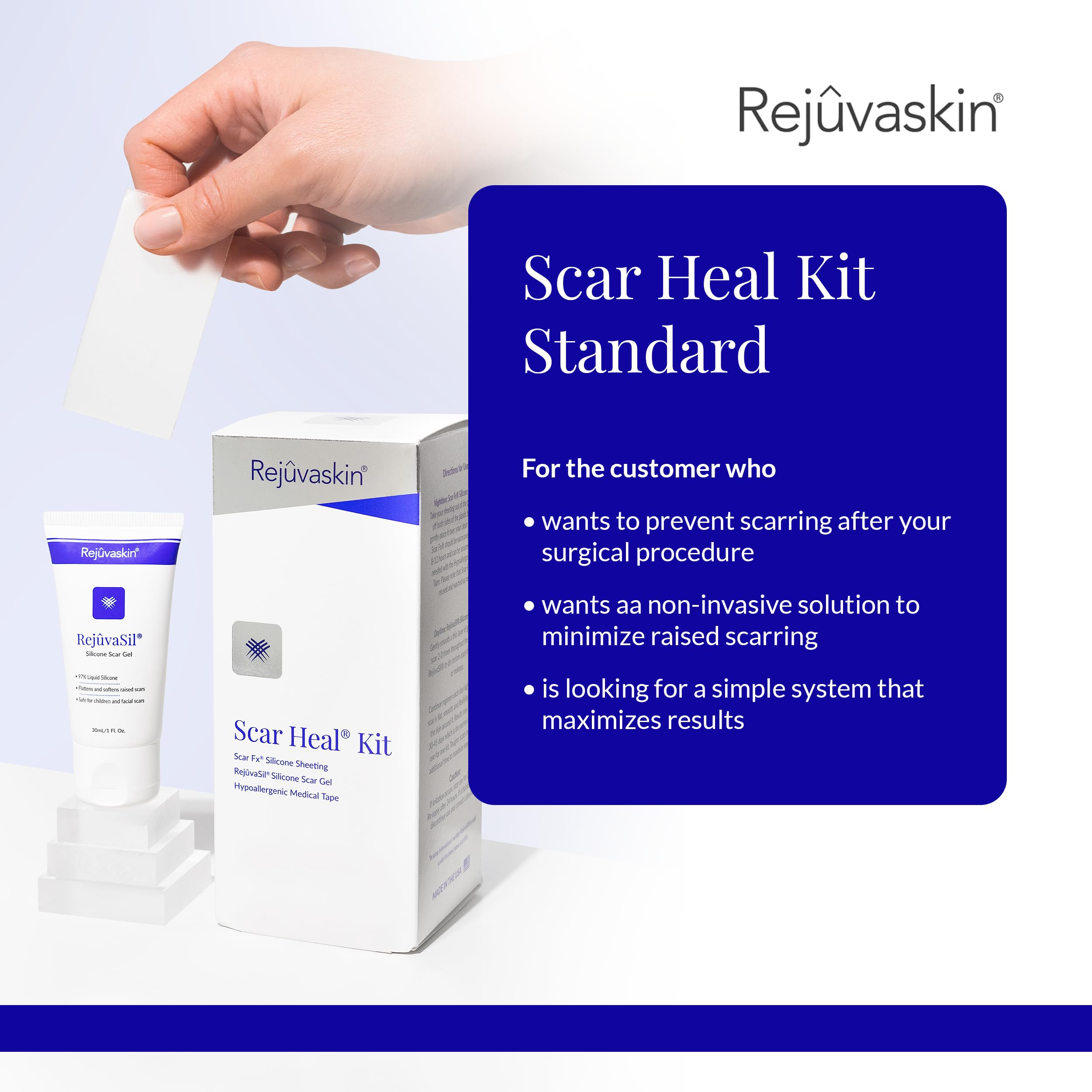 Rejuvaskin Scar Heal Kit for Large Surgical Scars - Soften, Flatten & Reduce Scar Appearance with Silicone Sheeting, RejuvaSil Gel & Medical Tape (4