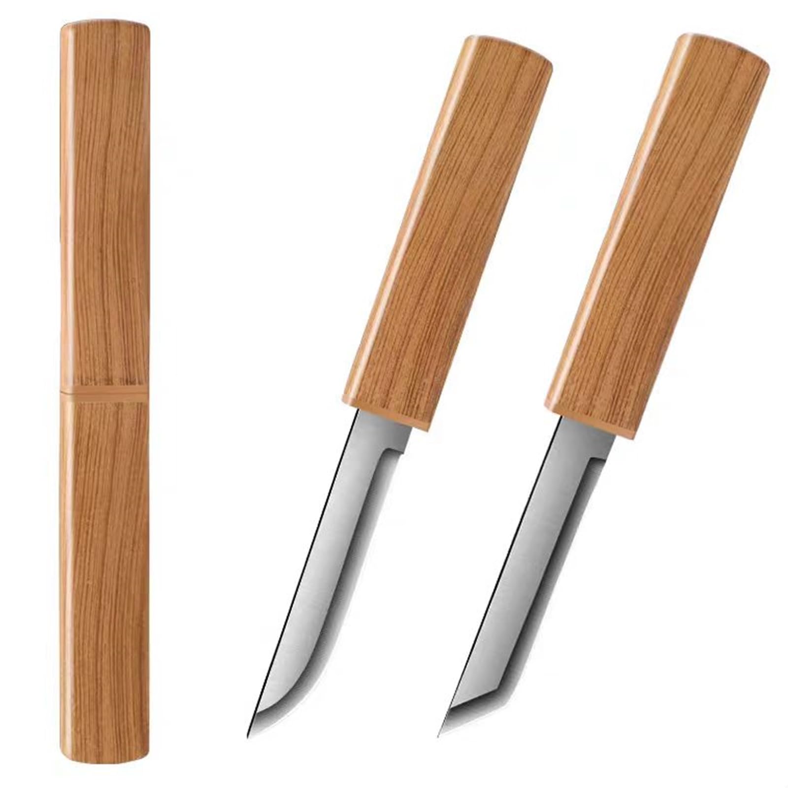 Ultra Sharp Stainless Steel Paring Knife Set - Portable Straight & Curved Fruit & Vegetable Peeling Knives for Kitchen, Camping, Outdoor Use (Brown)