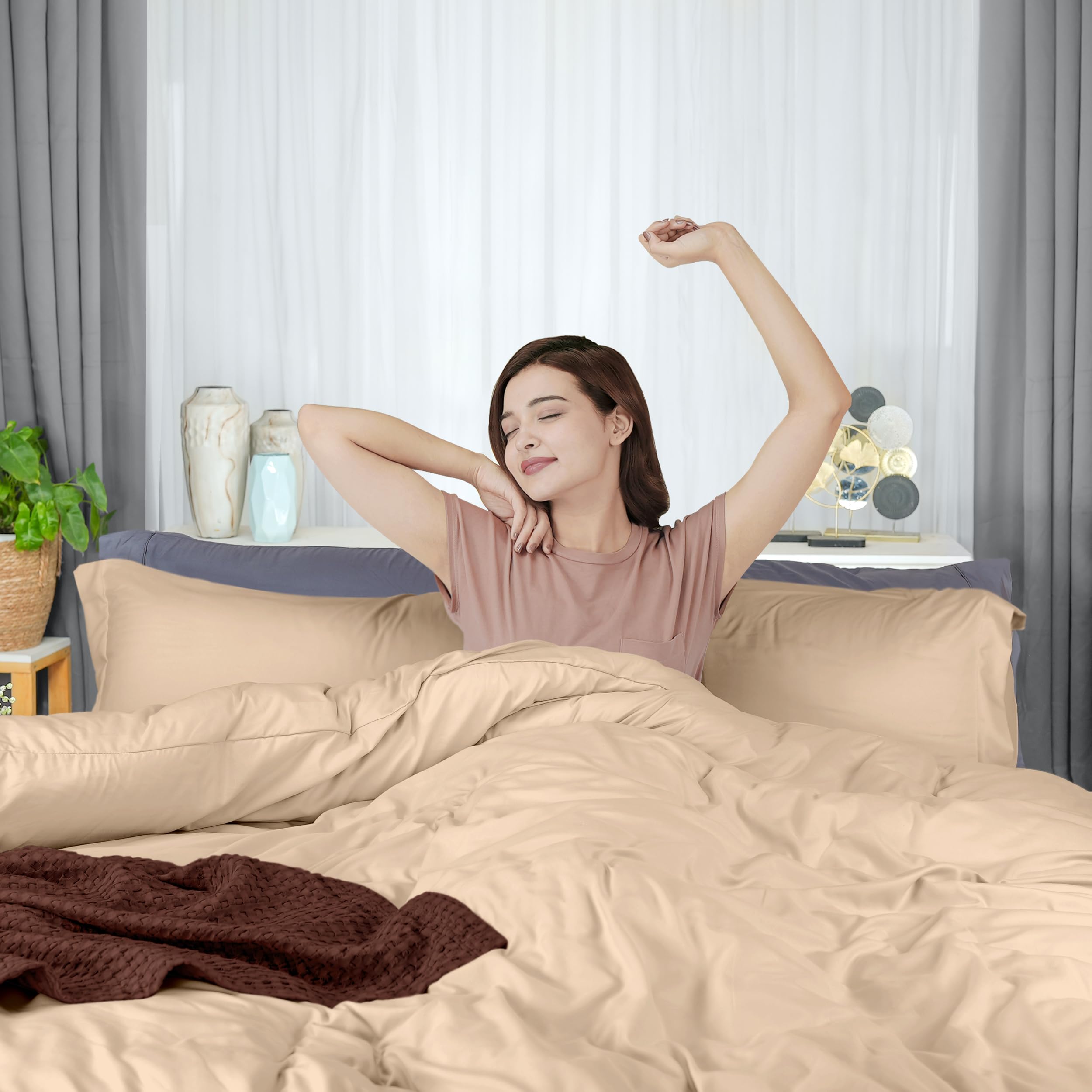 Utopia Bedding Queen Size Duvet Cover Set - 3 Piece Soft Brushed Microfiber Comforter Cover with Zipper Closure & 2 Pillow Shams (90x90 Inches, Beige) - Perfect for Cozy Bedroom, Guest Room & Hotel Stays